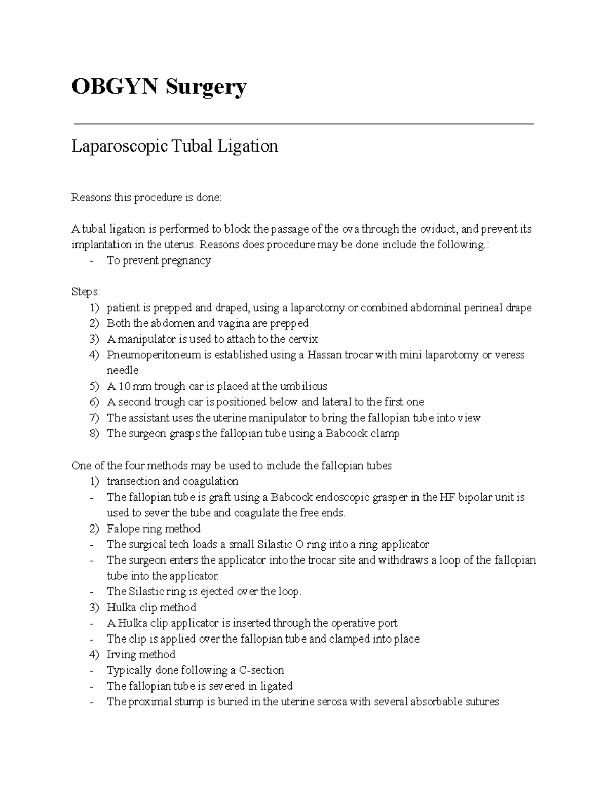 Obgyn LAP Tubal Ligation OBGYN Surgery Laparoscopic Tubal Ligation