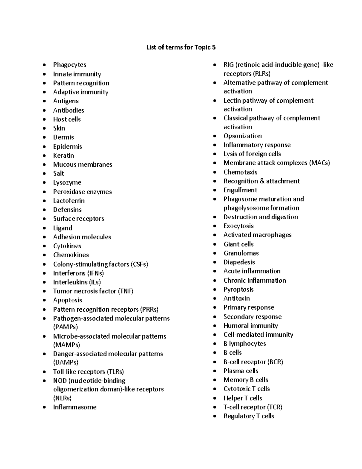 List of terms for topic 5 - Studocu