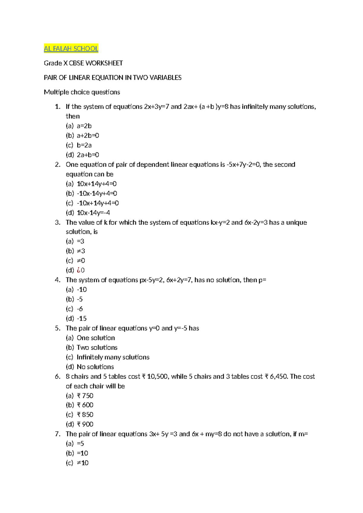 Pair of linear equation in two variables Worksheet 2024-25 - AL FALAH ...