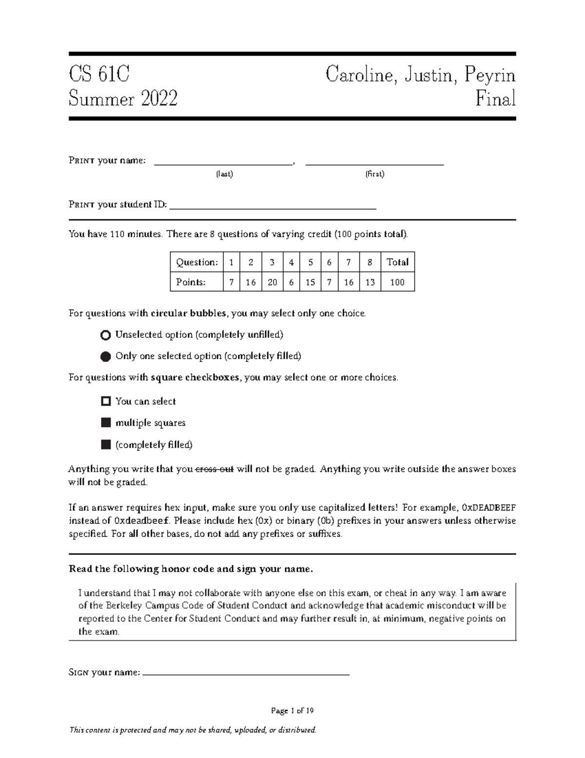 Su22finalblank exam CS 61C Summer 2022 Caroline, Justin, Peyrin