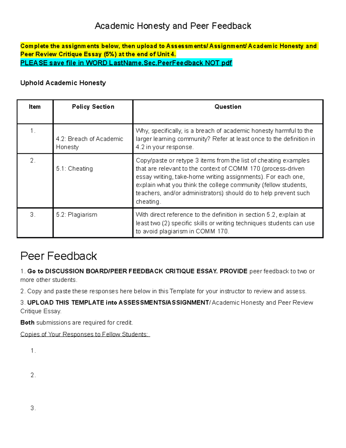 2-Academic Honesty and Peer Feedback Template 1 - Academic Honesty and ...