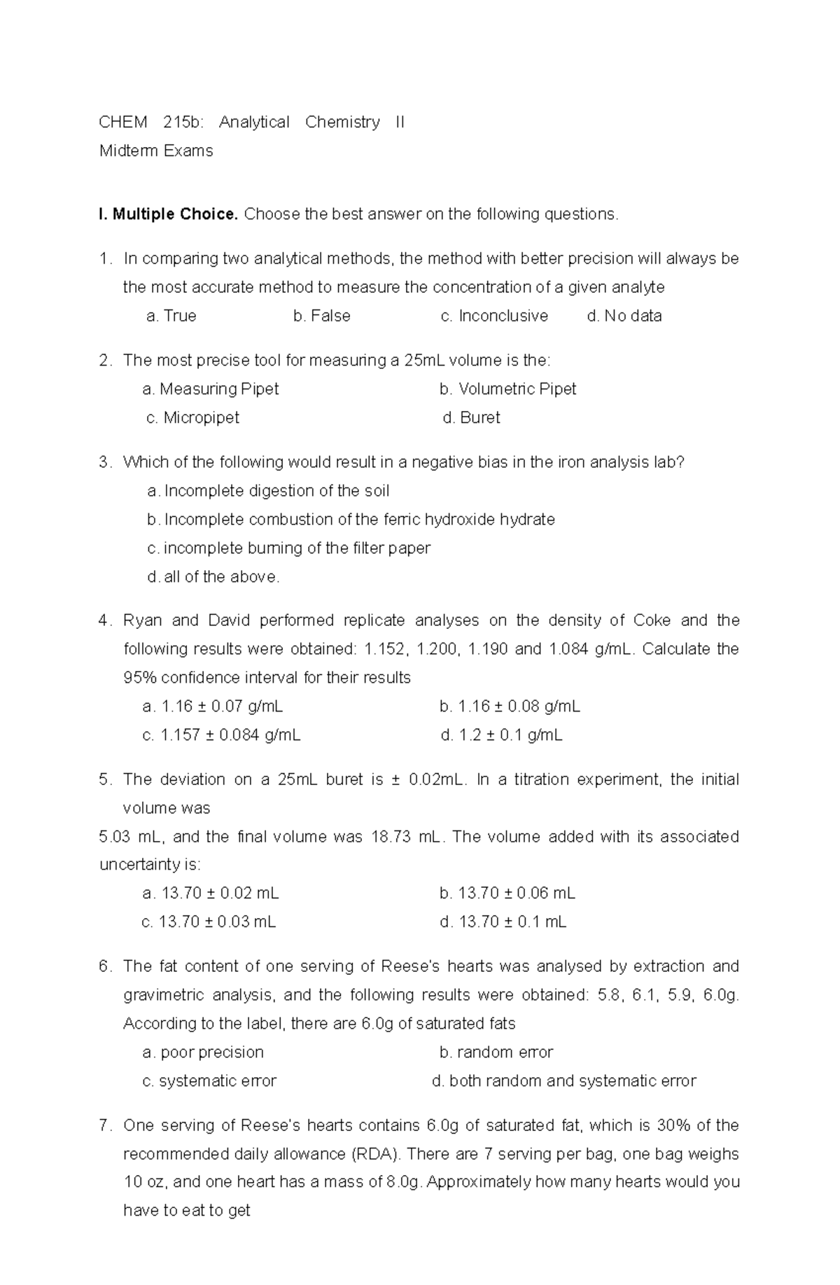 Mid Trerm Exam In Analytical Chemistry II C1 - CHEM 215b: Analytical ...