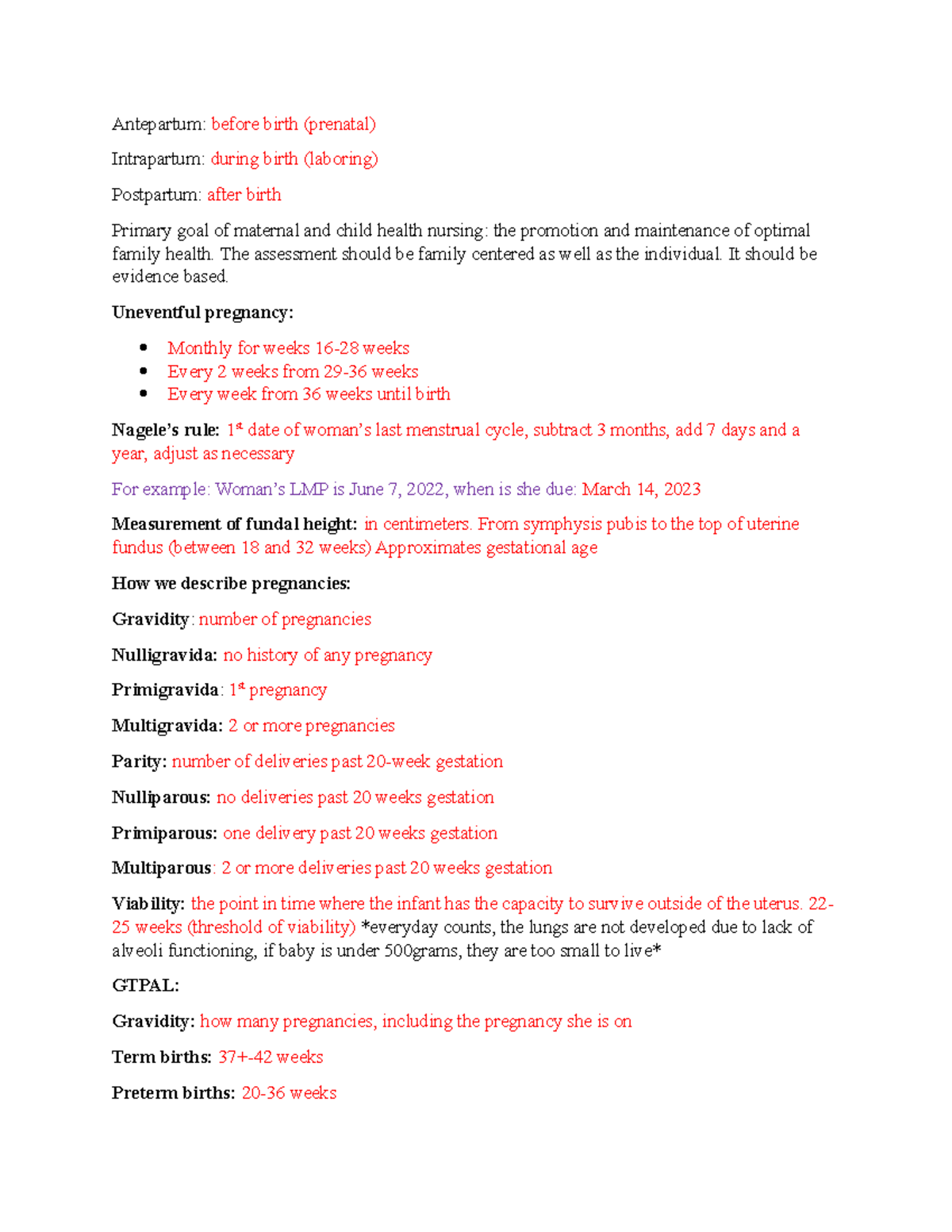 Maternalreview - lecture notes - Antepartum: before birth (prenatal ...