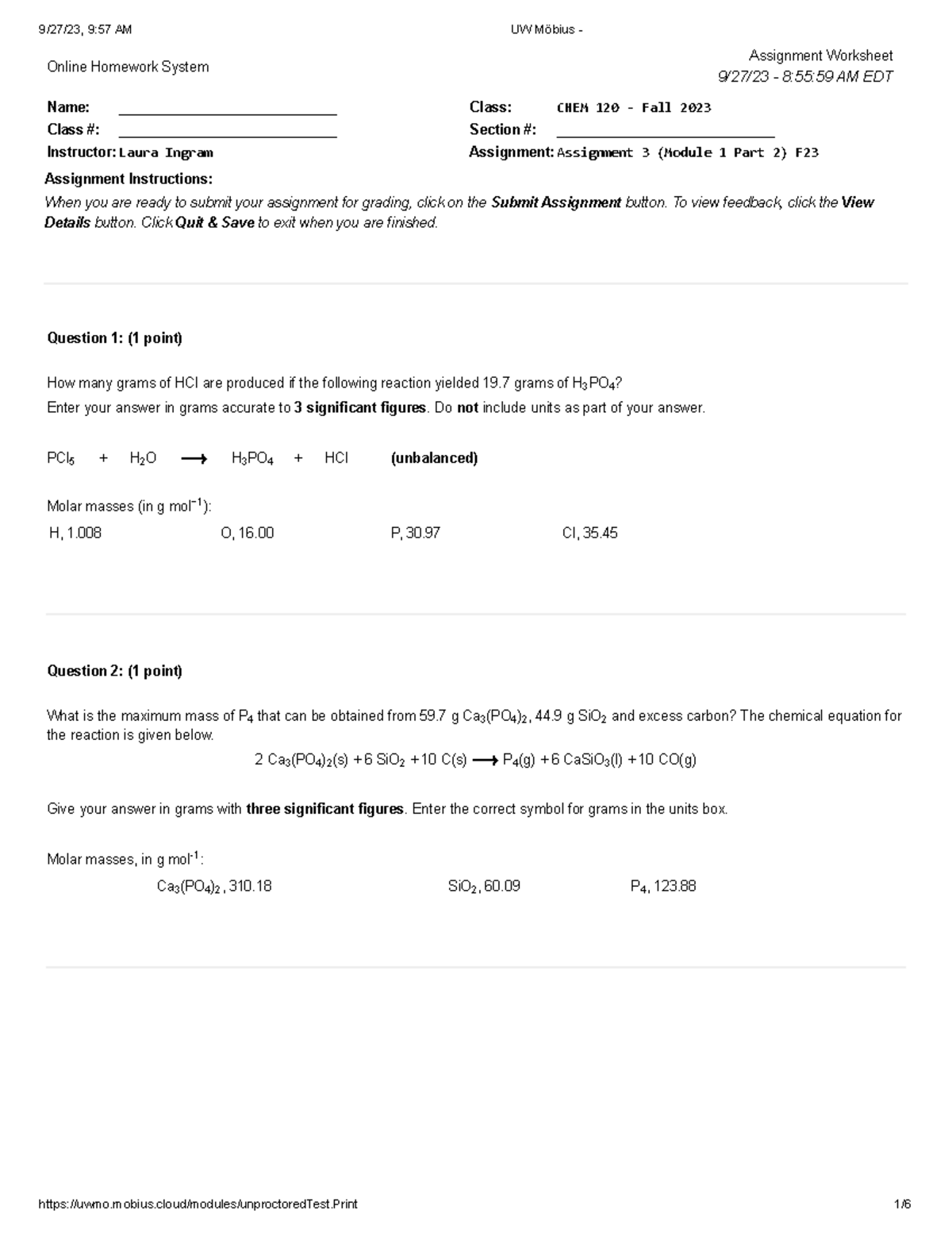 UW Möbius - assignment 2 - Online Homework System Assignment Worksheet ...