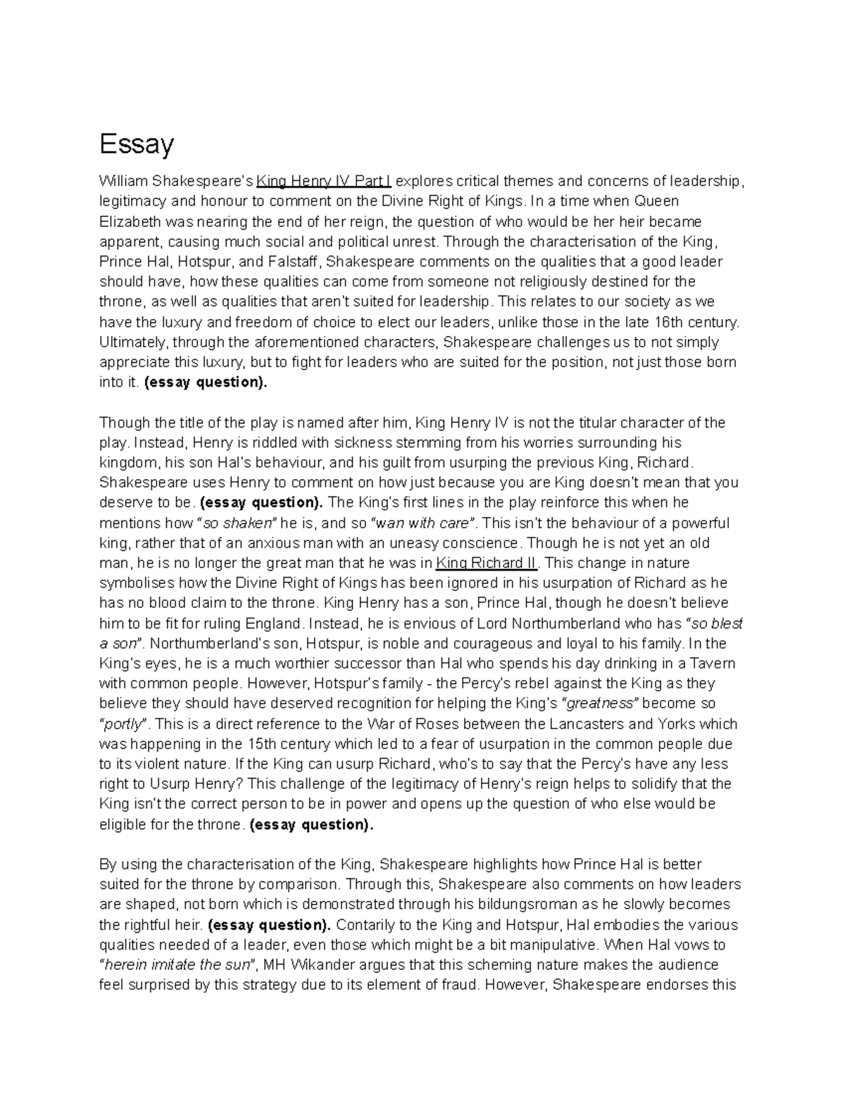 Critical Study Of King Henry IV Part 1 - Essay William Shakespeare’s ...