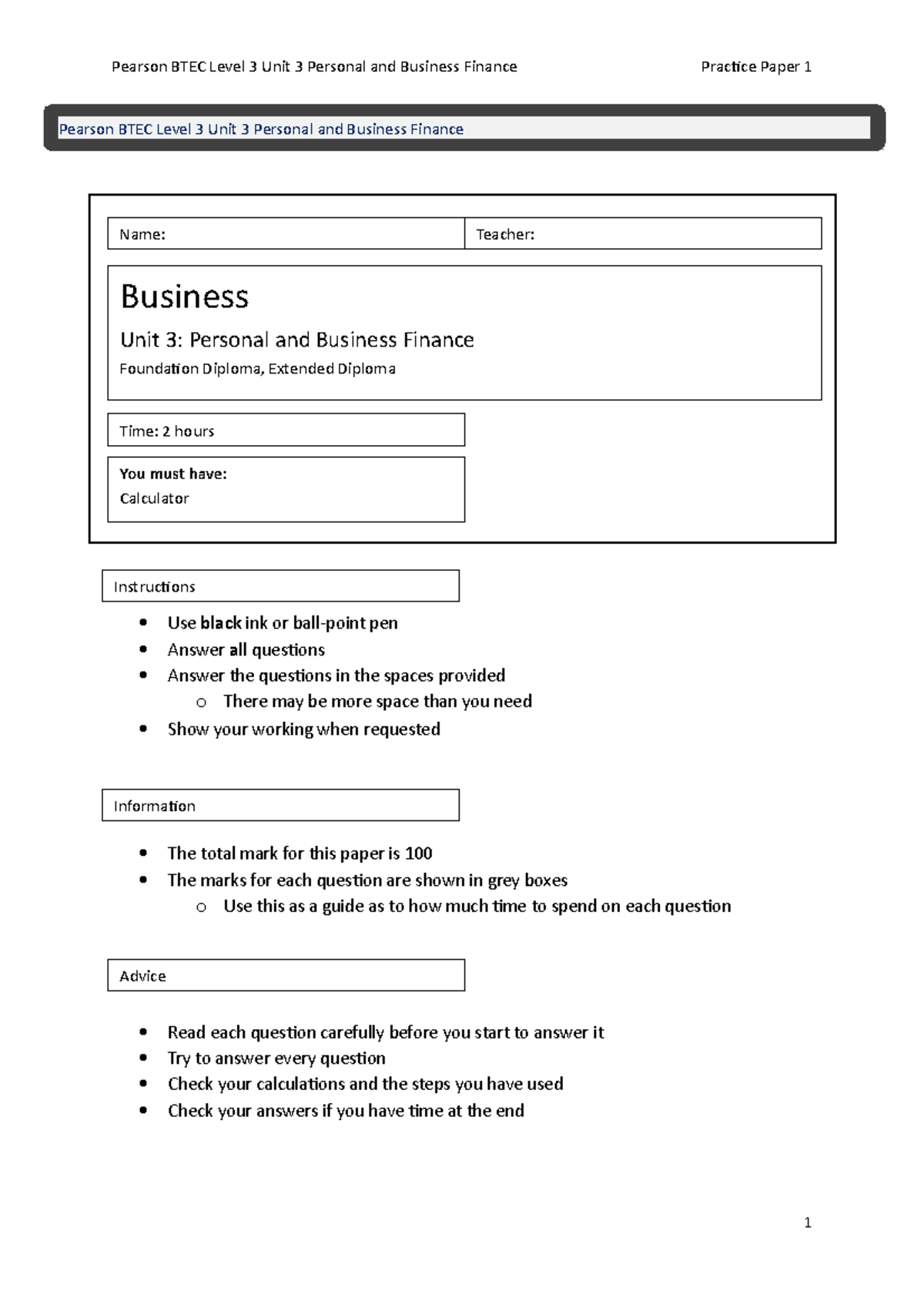 Practice Paper 1 - - Studocu