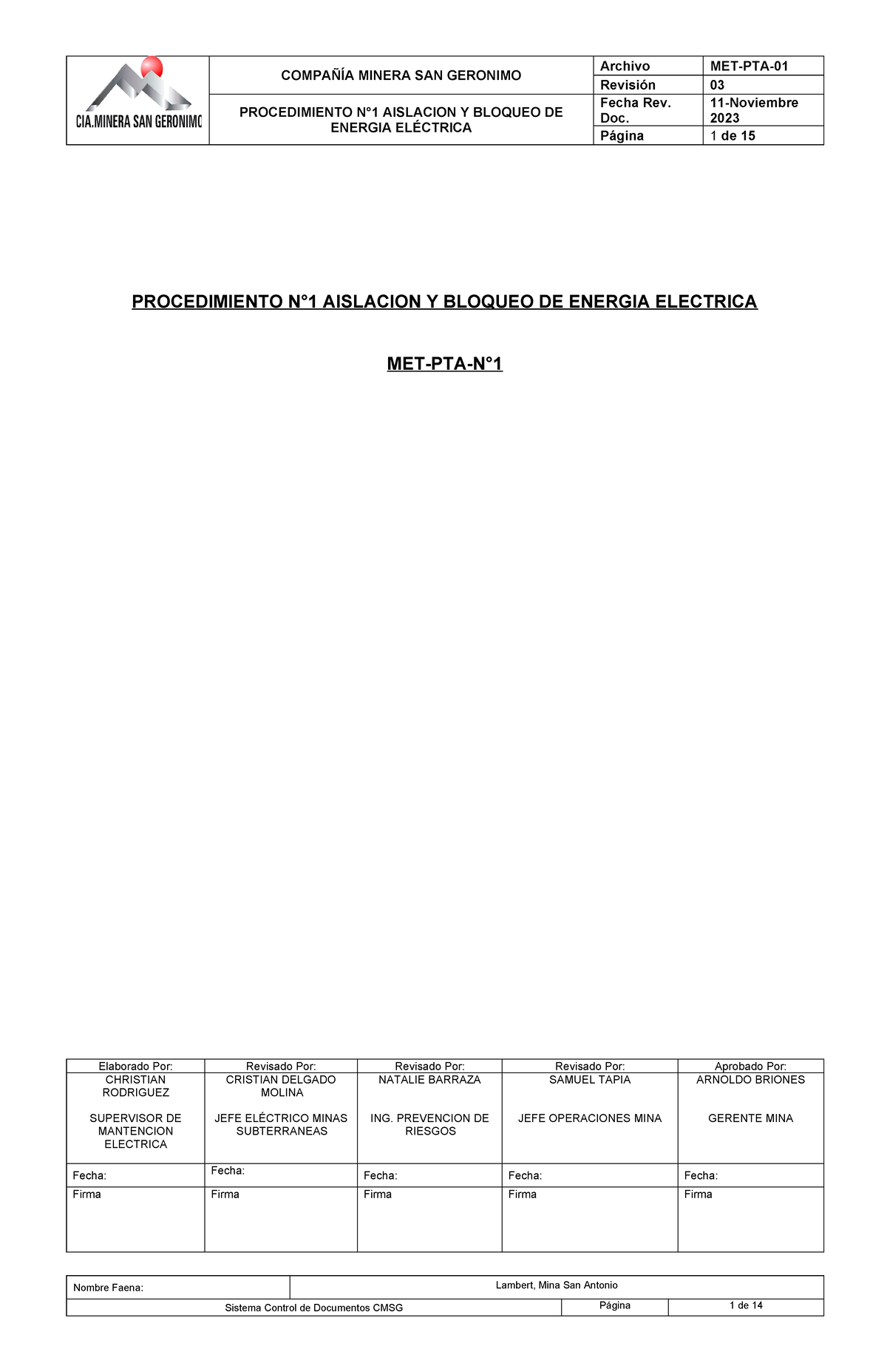 MLA-MEL-003 Procedimiento De Aislacion Y Bloqueo Electrico SA ...