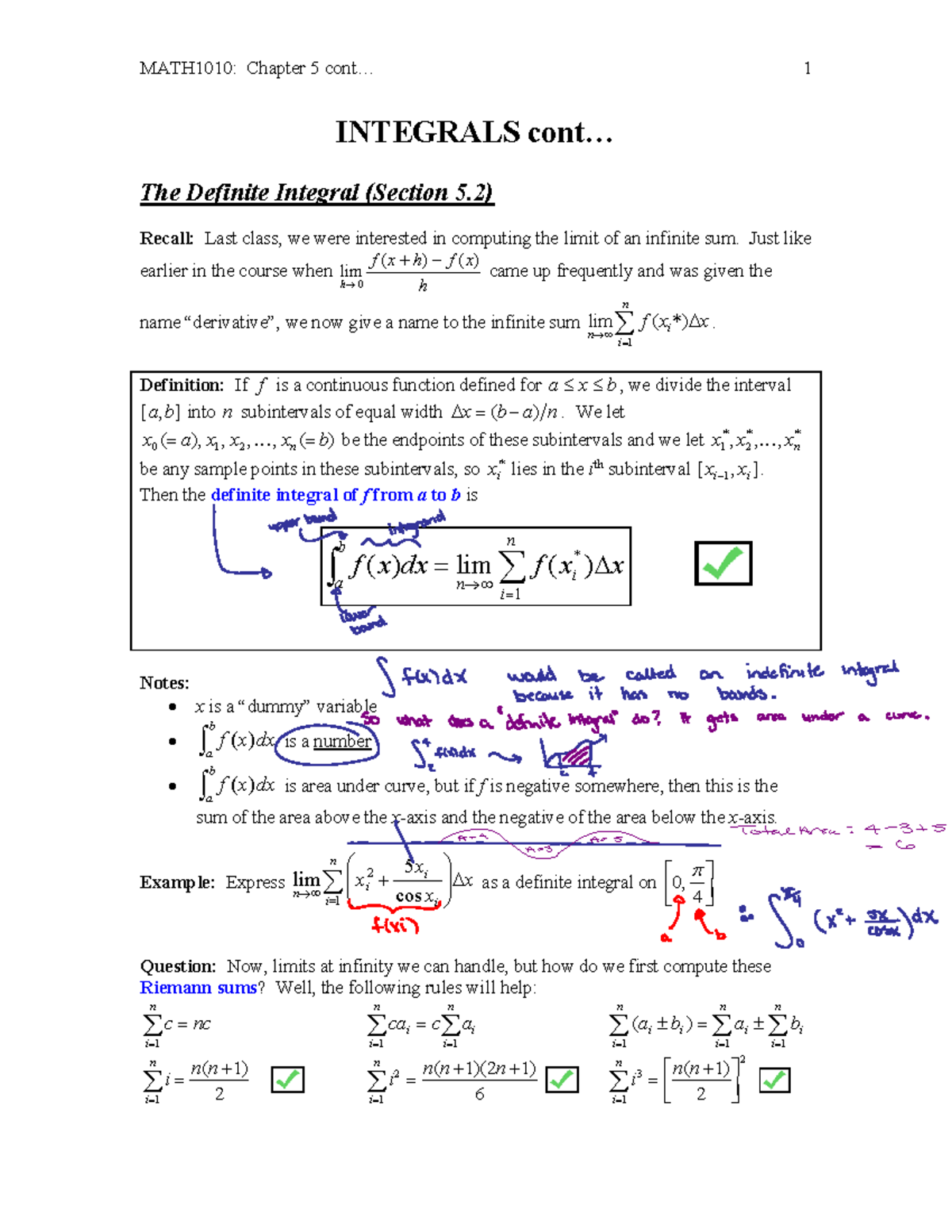 Week 10.1 (5 - notes for regular calc no integral - INTEGRALS cont ...