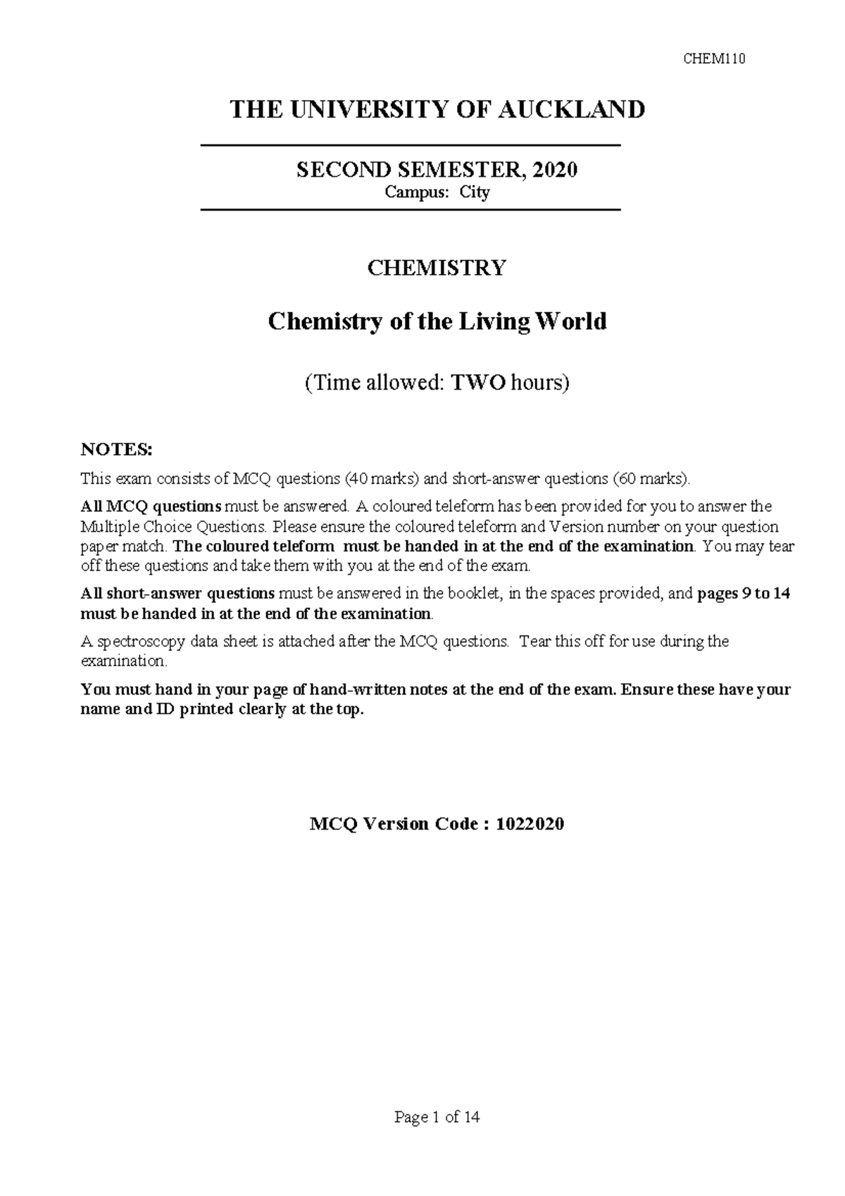 CHEM 110 Chemistry Of The Living World Semester 2 2020 - CHEM THE ...