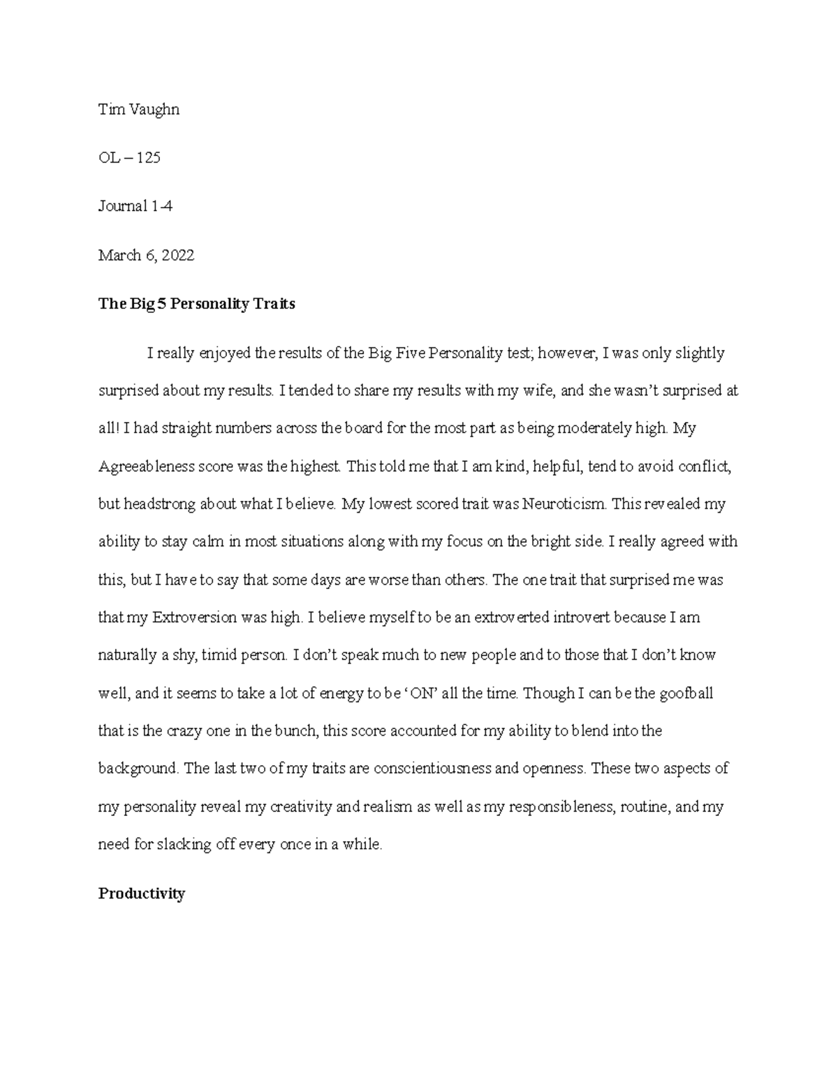 OL 125 1-4 Journal - Class Assignment - Tim Vaughn OL – 125 Journal 1 ...