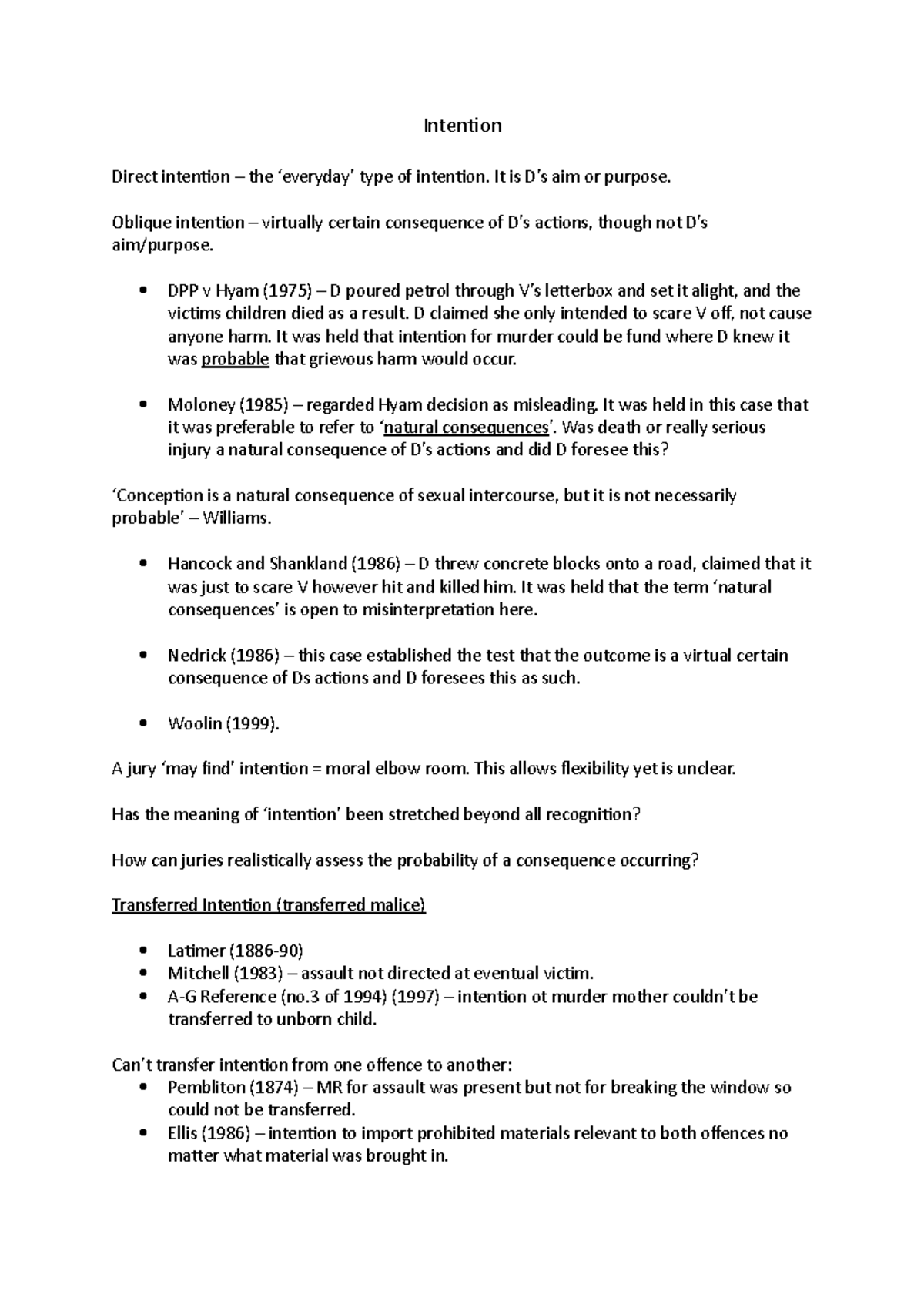 Intention Lecture notes 2 Intention Direct intention the