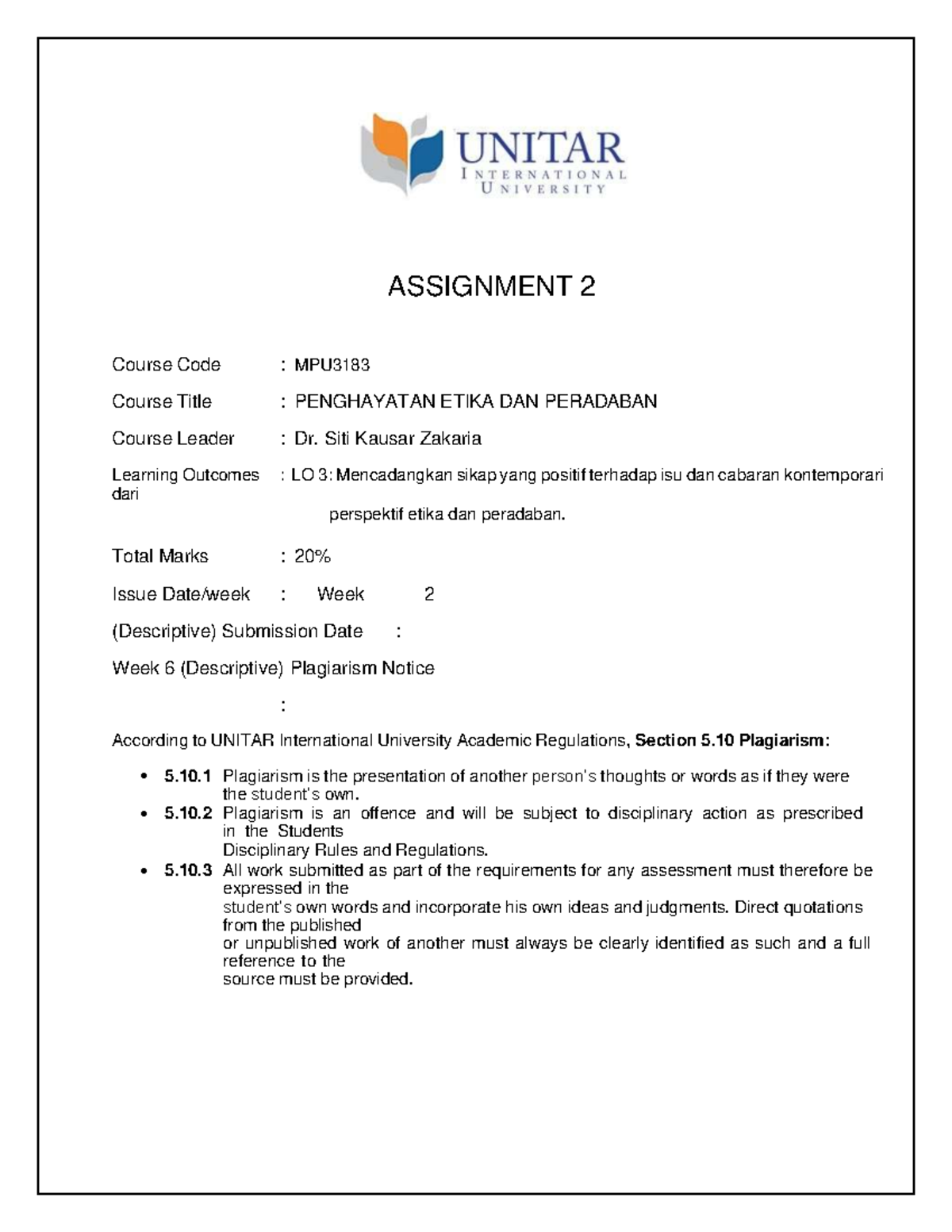 Assignment 2 Jurnal Refleksi ODL - ASSIGNMENT 2 Course Code : MPU ...