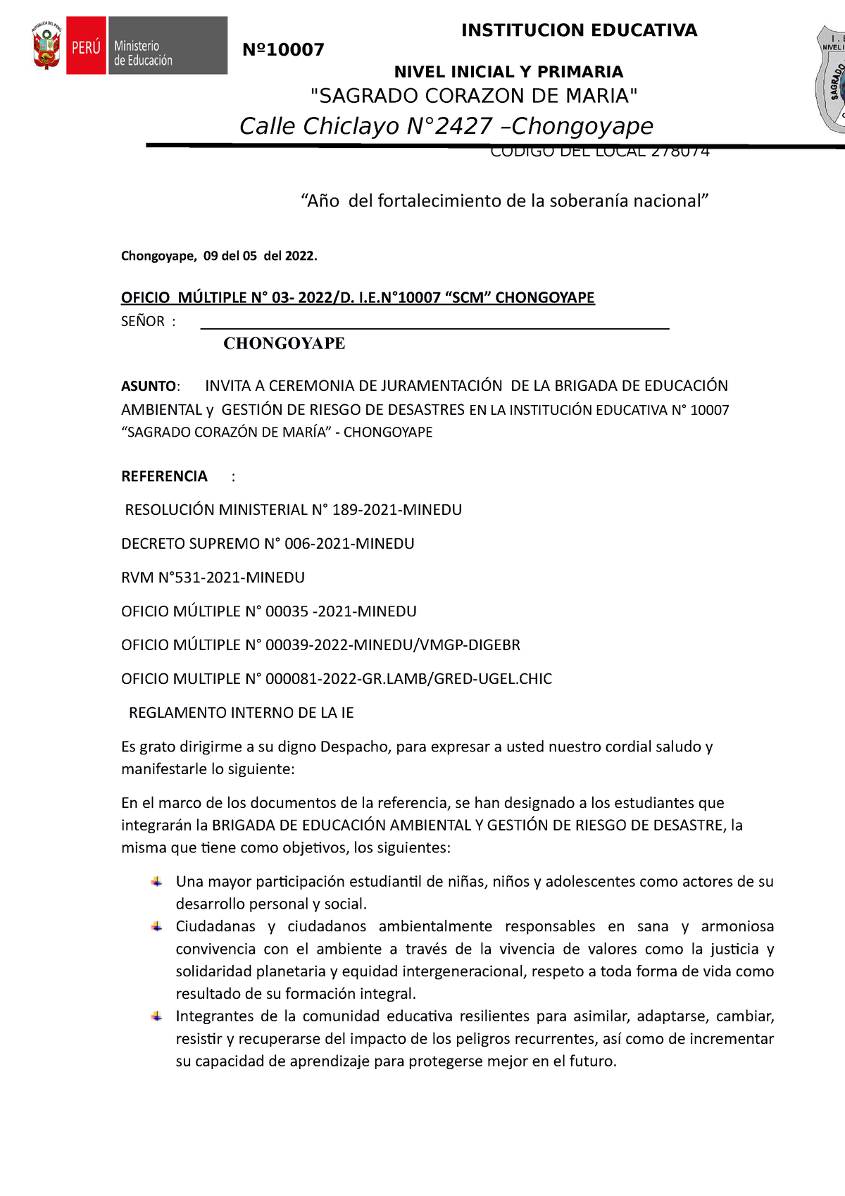 Oficio Múltiple 03 Policía Invita A Juramentación DE Brigadistas -  INSTITUCION EDUCATIVA Nº NIVEL - Studocu