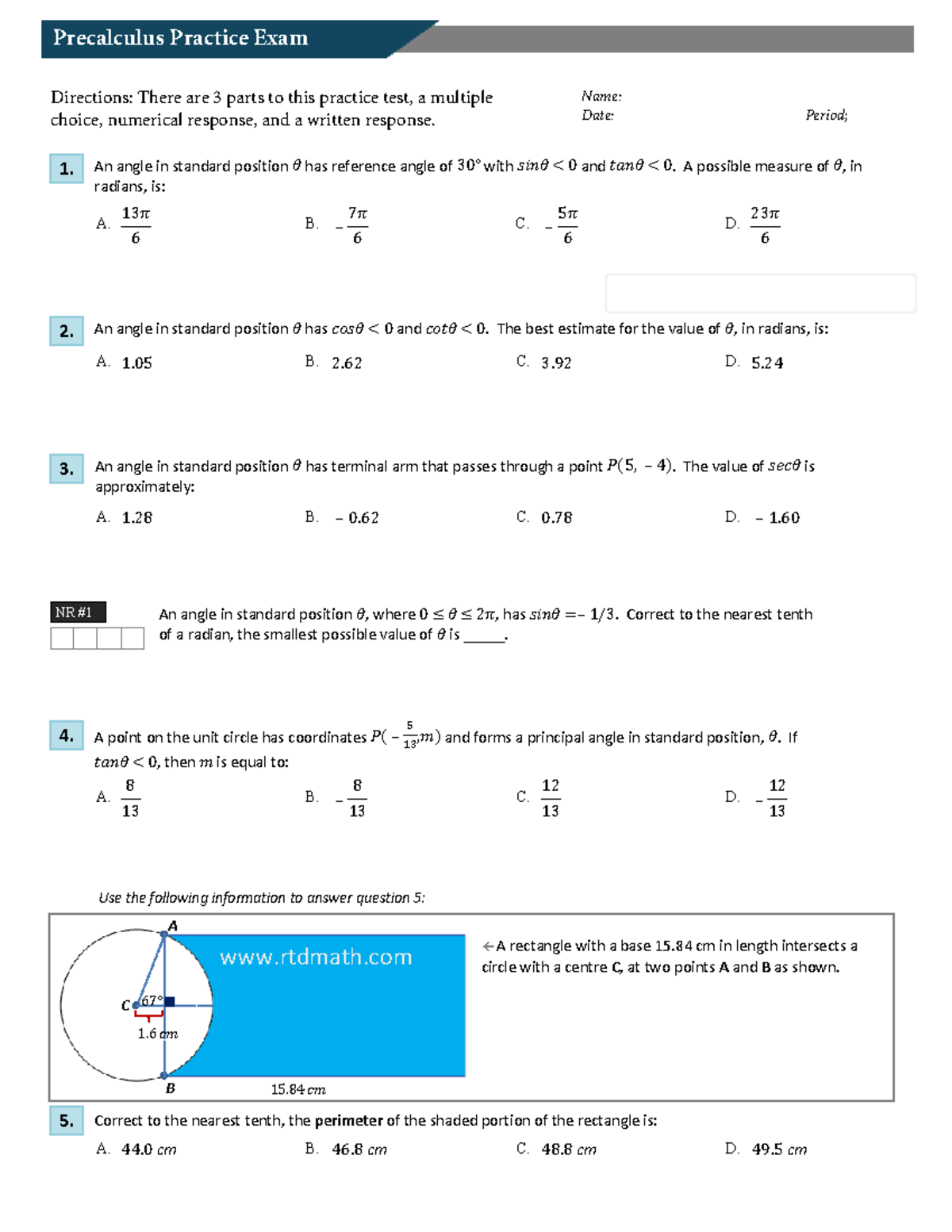 Precalc Practice Final Practice Exam 3 - An angle in standard position ...