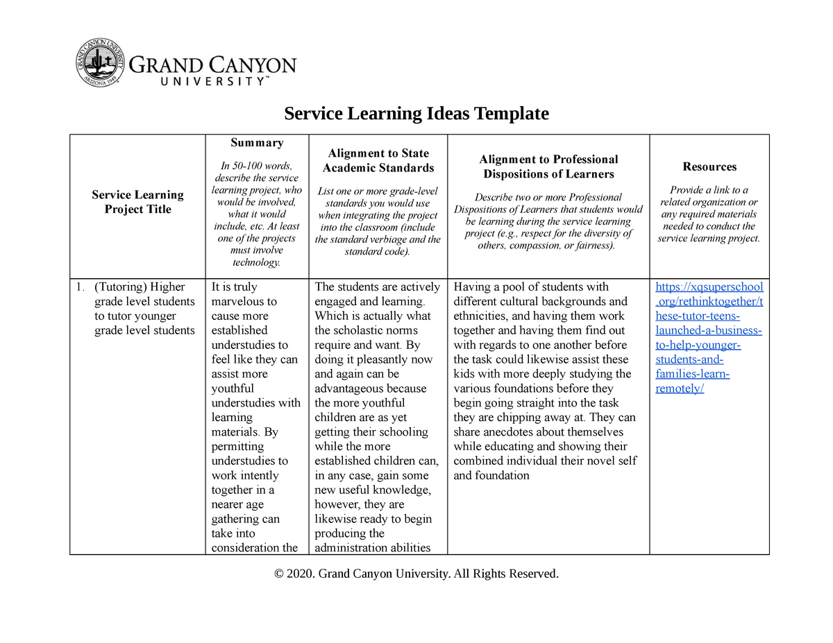 service learning assignment examples