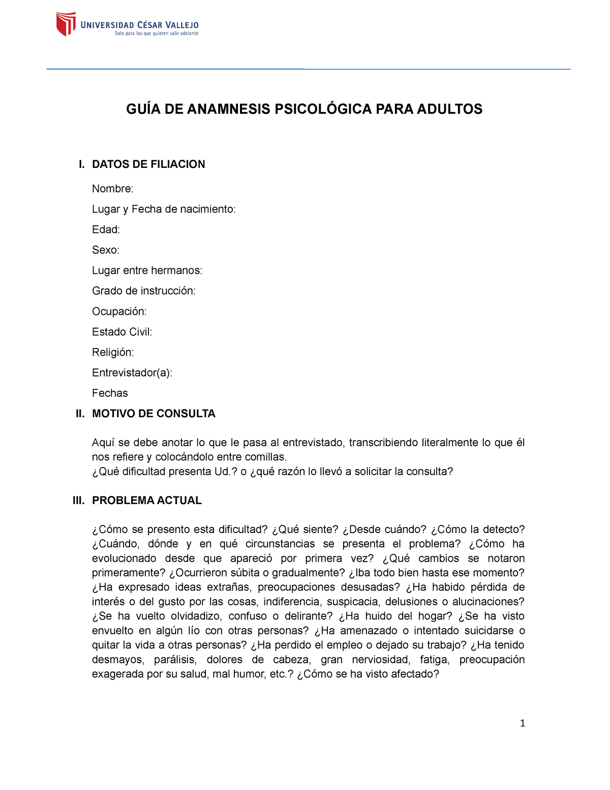 GuÍa De Anamnesis Psicológica Adultos GuÍa De Anamnesis PsicolÓgica Para Adultos I Datos De 1696