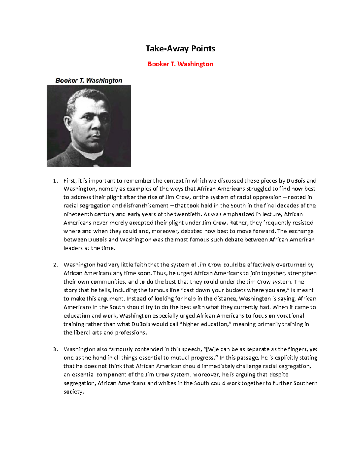 Takeaway Points Booker T. Washington - Take-Away Points Booker T ...