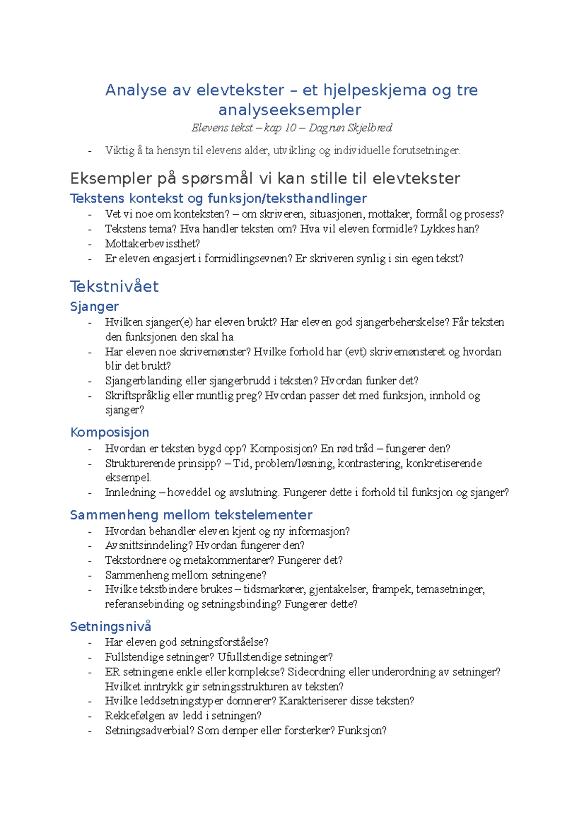 Kap 10 Analyse av elevtekster - hjelpeskema og eksempler - Analyse av ...