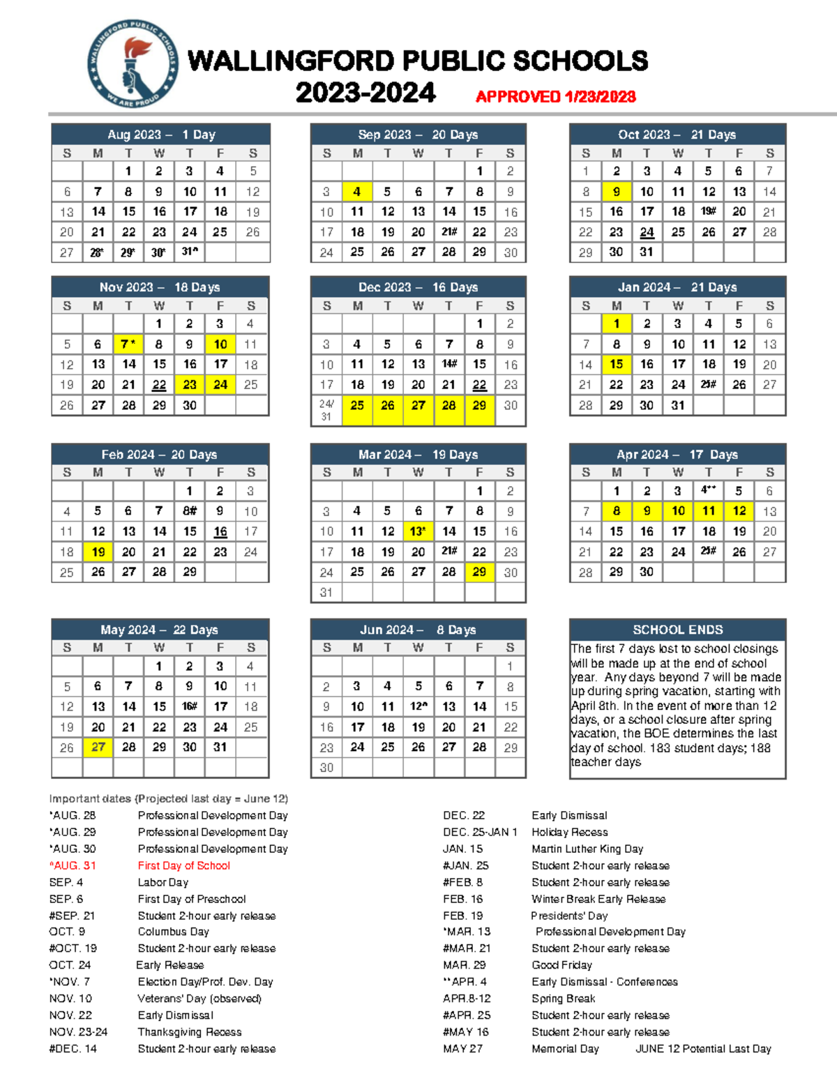 Calendar 2023 2024 Yes WALLINGFORD PUBLIC SCHOOLS 2023 2024 