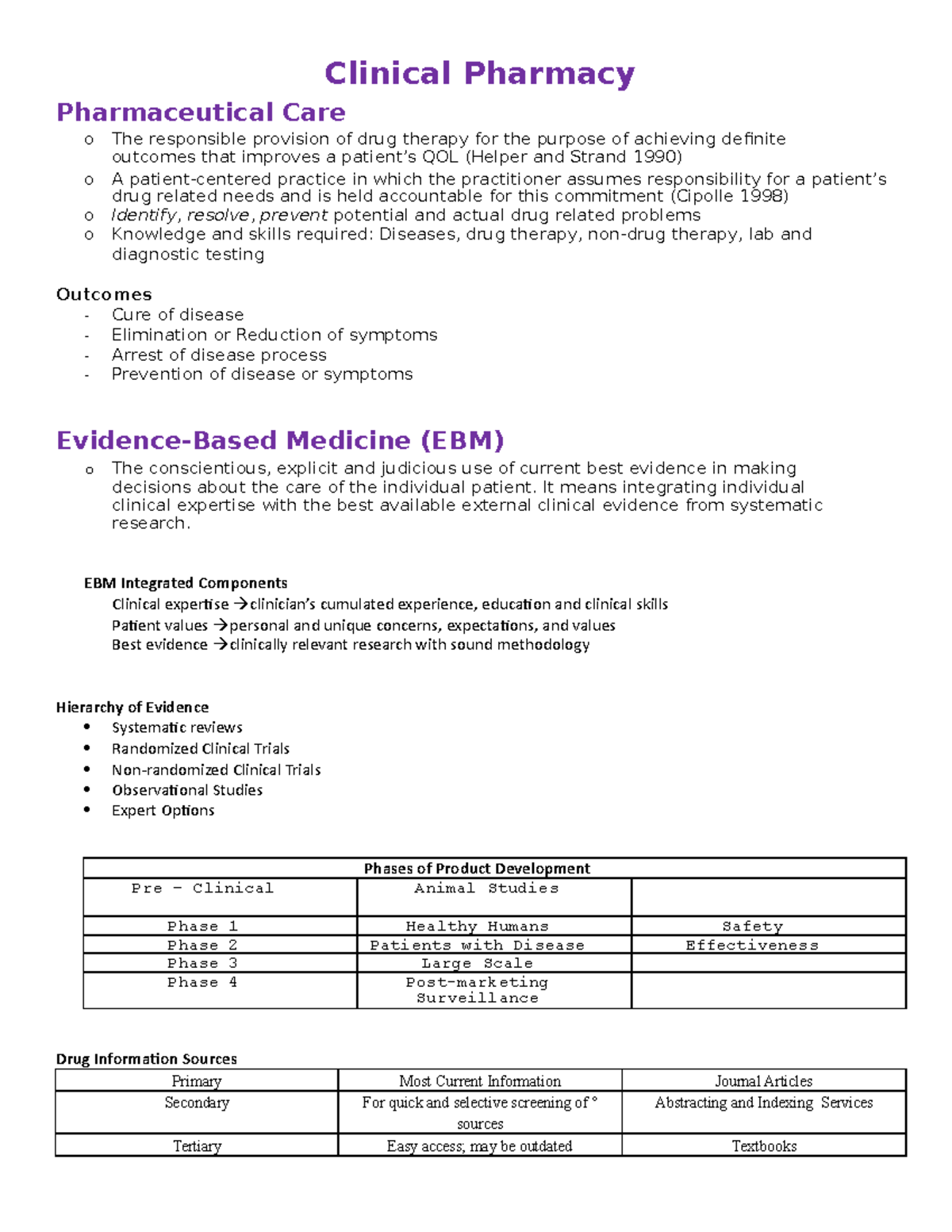 Clinical Pharmacy Notes - Clinical Pharmacy Pharmaceutical Care O The ...