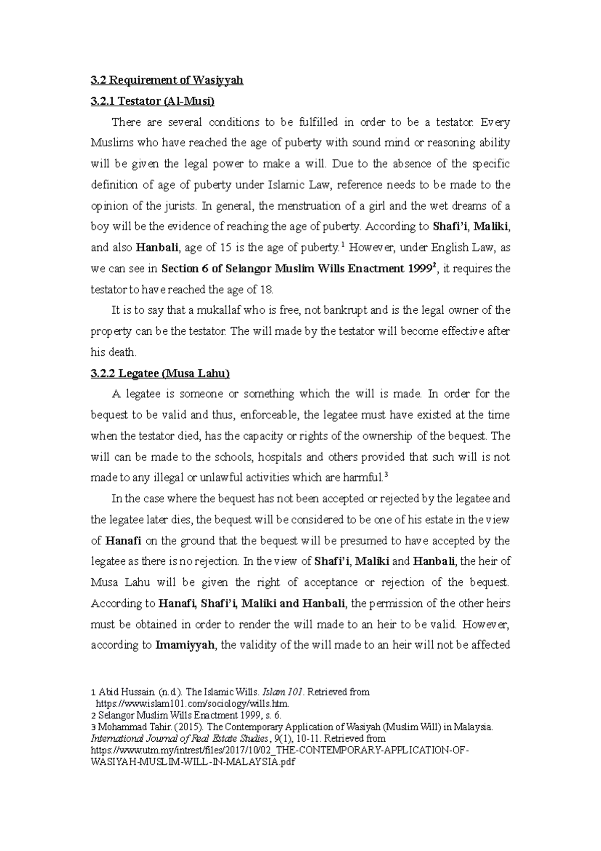 Islamic law ii wasiyyah - 3 Requirement of Wasiyyah 3 Testator (Al-Musi ...