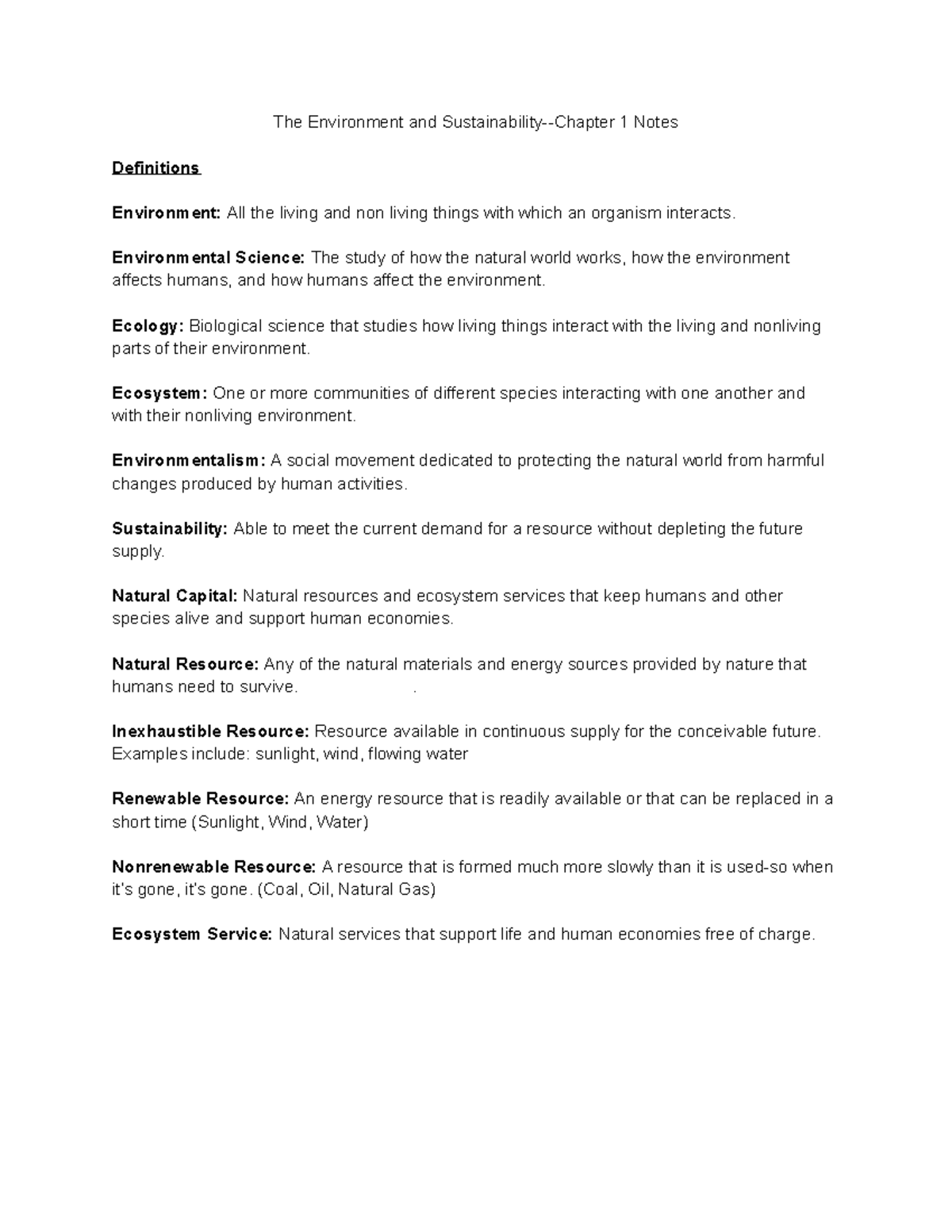 Copy of Cengage Chapter 1 Notes - The Environment and Sustainability ...