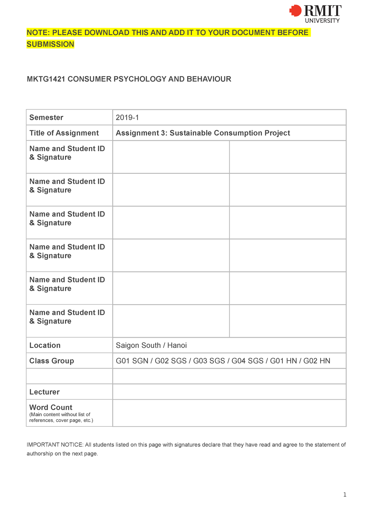 rmit assignment cover sheet