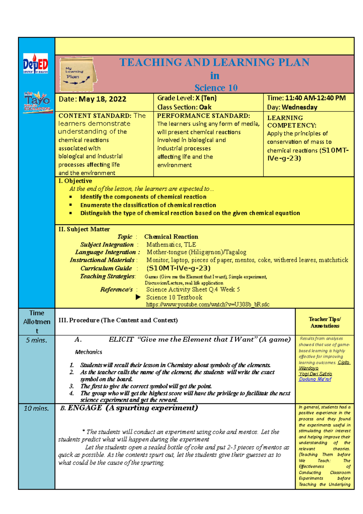 Lesson Plan in Chemical Reaction - TEACHING AND LEARNING PLAN in ...