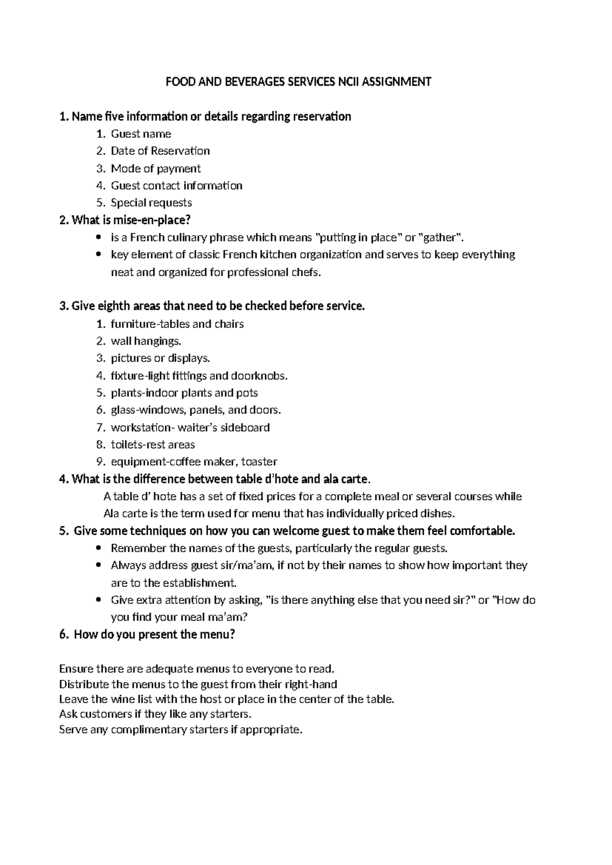 Assignment - FOOD AND BEVERAGES SERVICES NCII ASSIGNMENT Name five ...