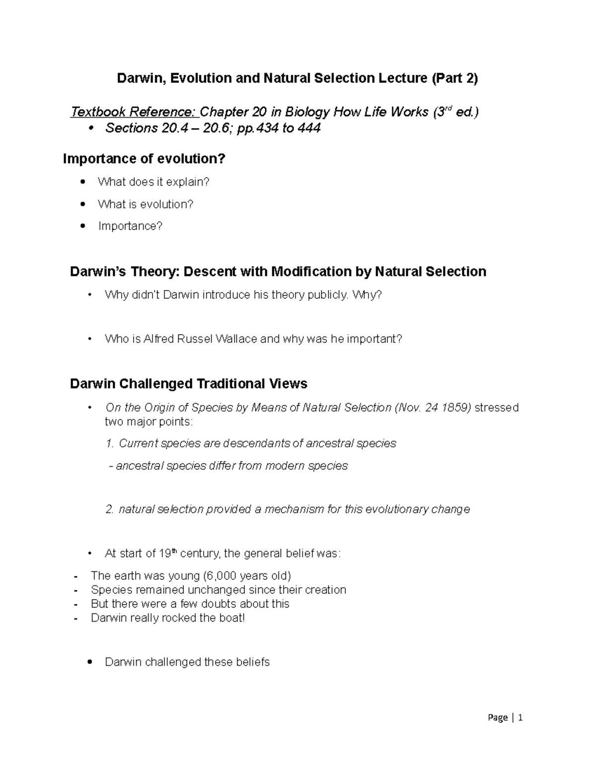 Bio Lec 2 - Lecture notes 2 - Darwin, Evolution and Natural Selection ...