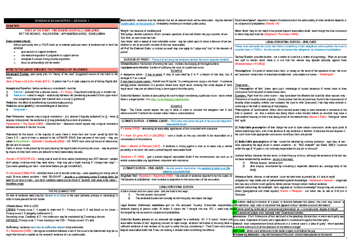 Evidence Exam Template - EVIDENCE EXAM NOTES – SESSION 1 EXAM TIPS ...