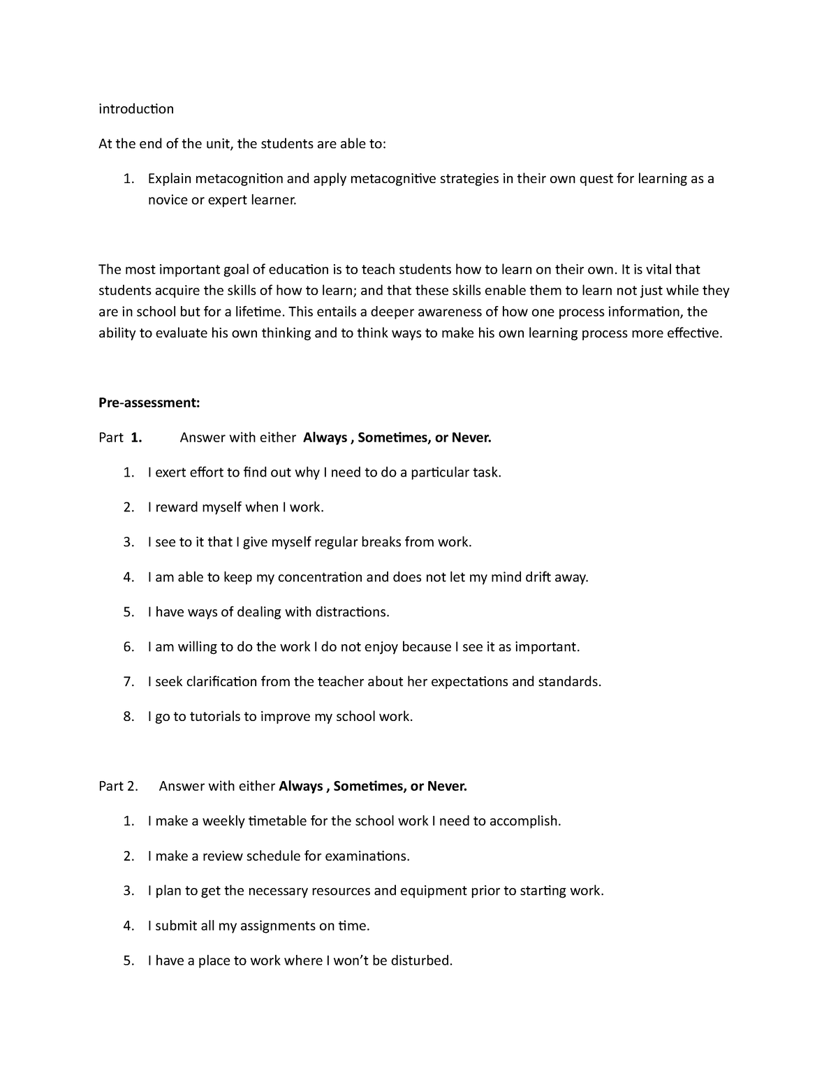 Metacognition Introduction - introduction At the end of the unit, the ...