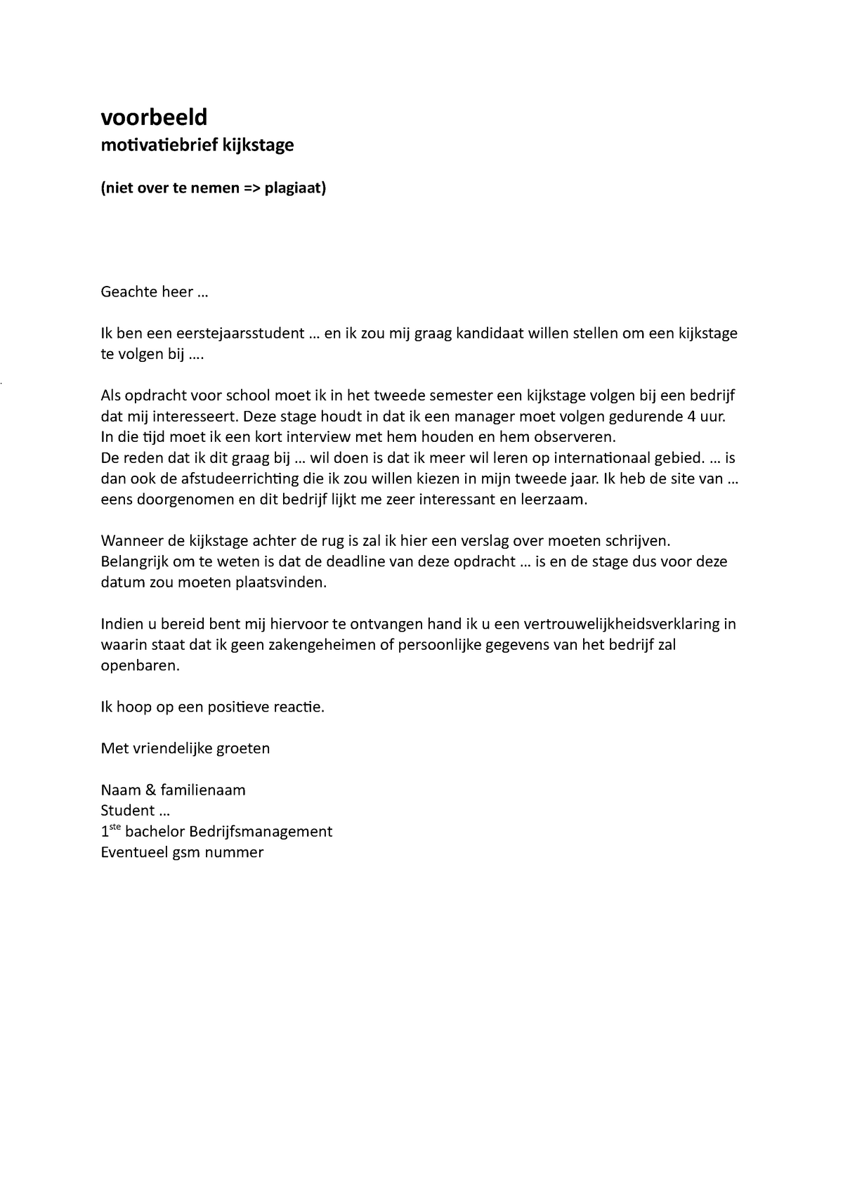 Voorbeeld Motivatiemail Voorbeeld Motivatiebrief Kijkstage Niet Over Te Nemen Amp Gt Plagiaat Studocu