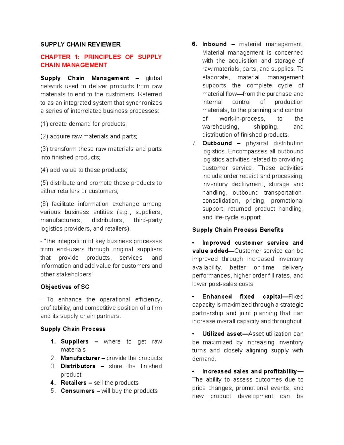 SCM Reviewer Chapter 1 4 - SUPPLY CHAIN REVIEWER CHAPTER 1: PRINCIPLES ...