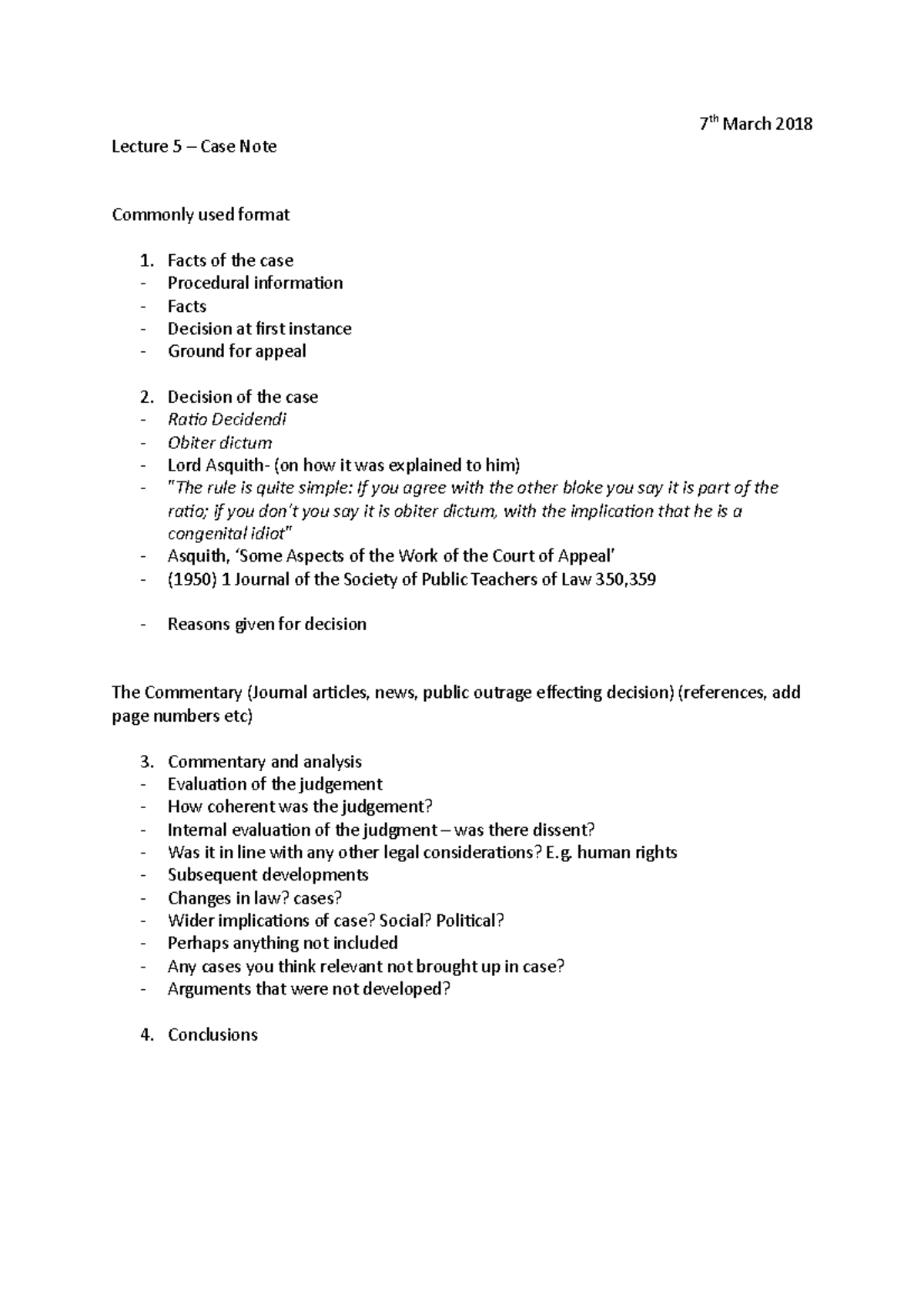 L5, case note - Lecture notes 1 - Lecture 5 – Case Note 7th March 2018 ...