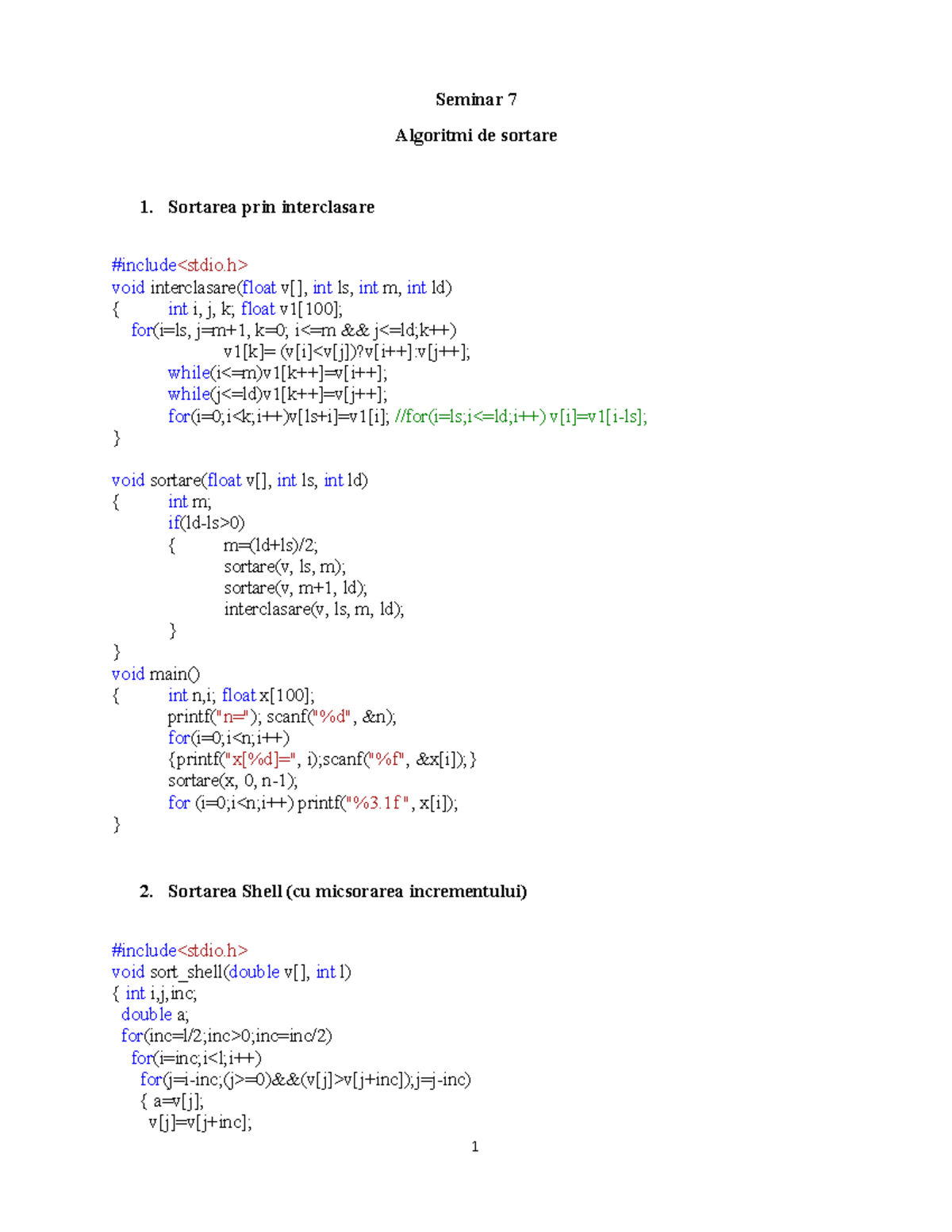 S7. Algoritmi de sortare - Seminar 7 Algoritmi de sortare 1. Sortarea ...