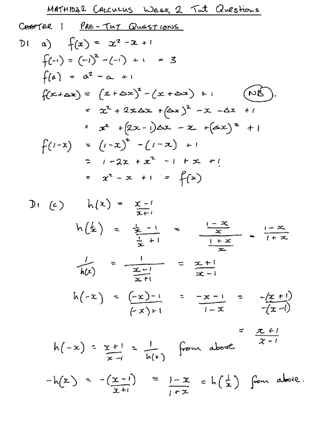Math1042 calc tut questions week2 - MATH1042A - Engineer - Studocu
