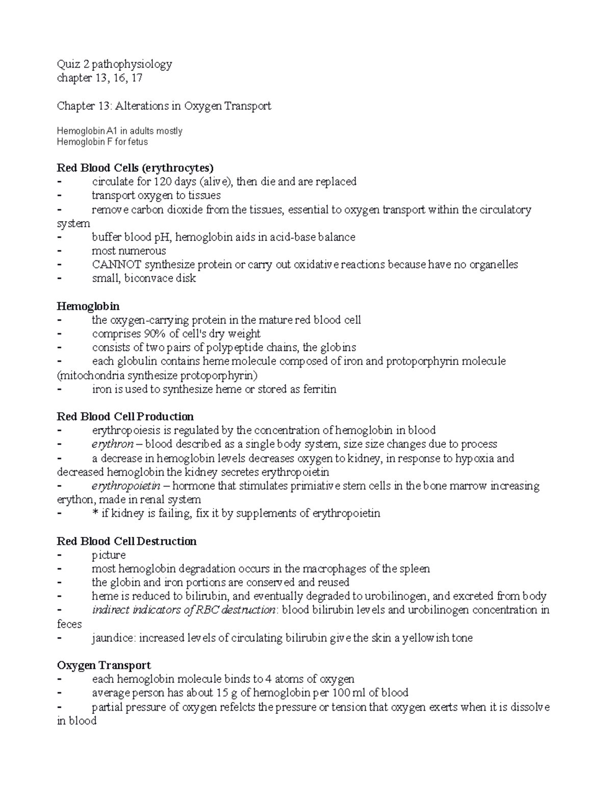 Chapter 13 Notes - Quiz 2 Pathophysiology Chapter 13, 16, 17 Chapter 13 ...