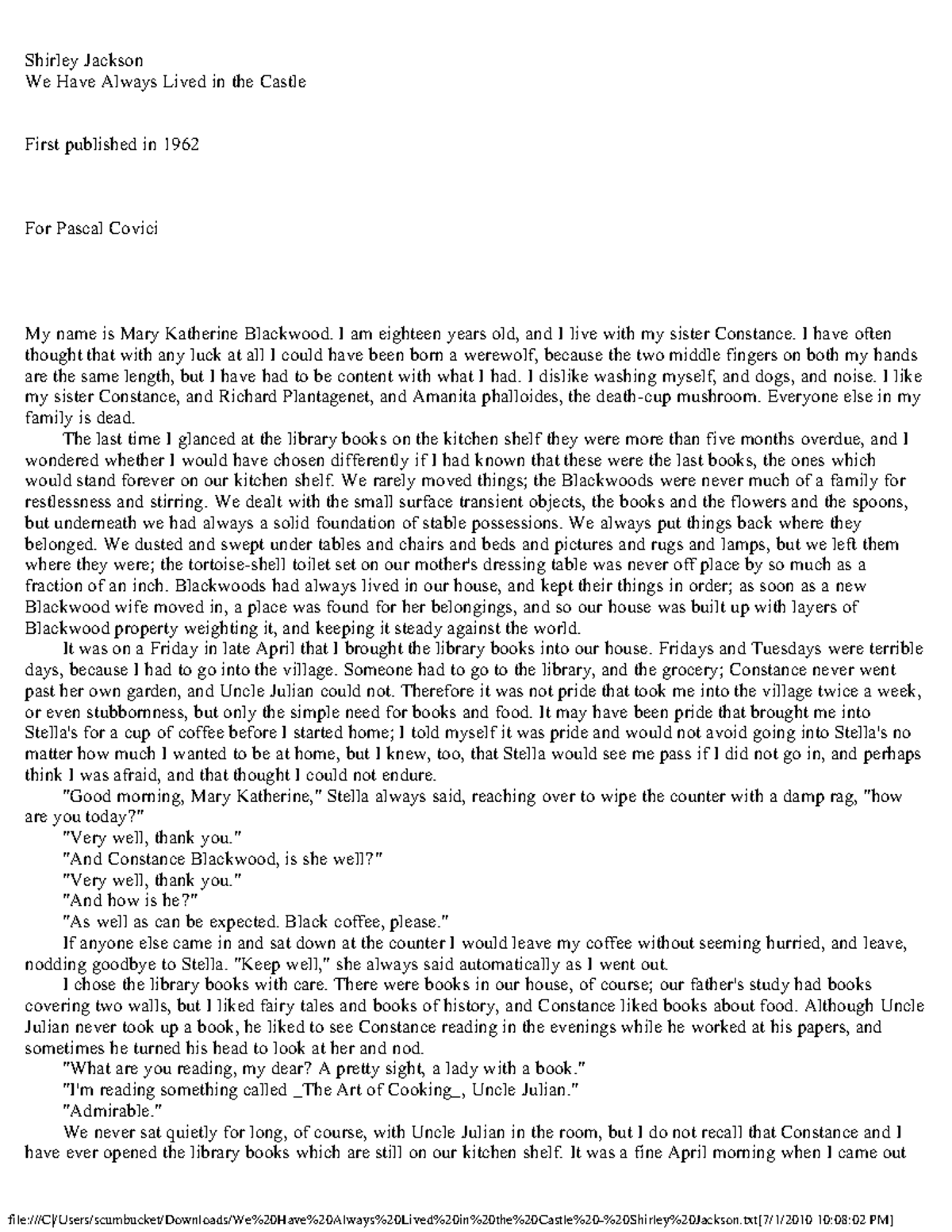 Shirley Jackson We Have Always Lived in the Castle (pdf) Shirley Jackson We Have Always