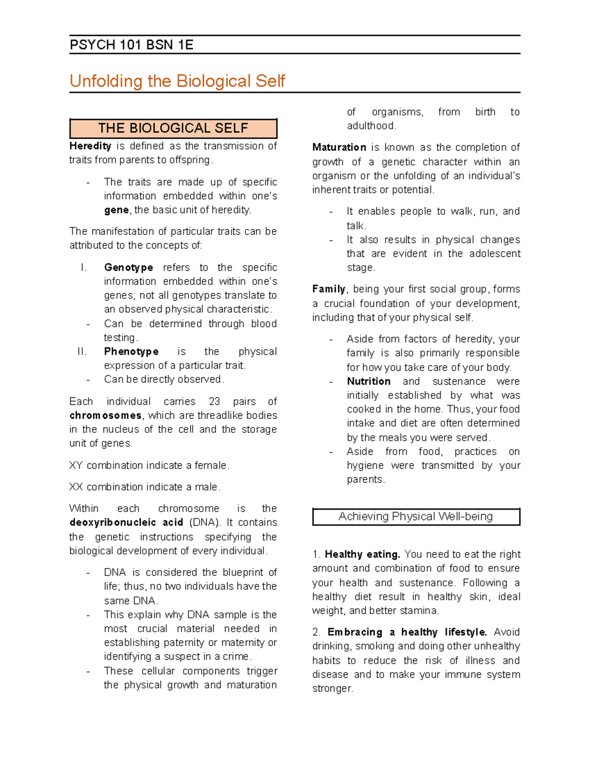 Unfolding the Biological Self - PSYCH 101 BSN 1E Unfolding the ...