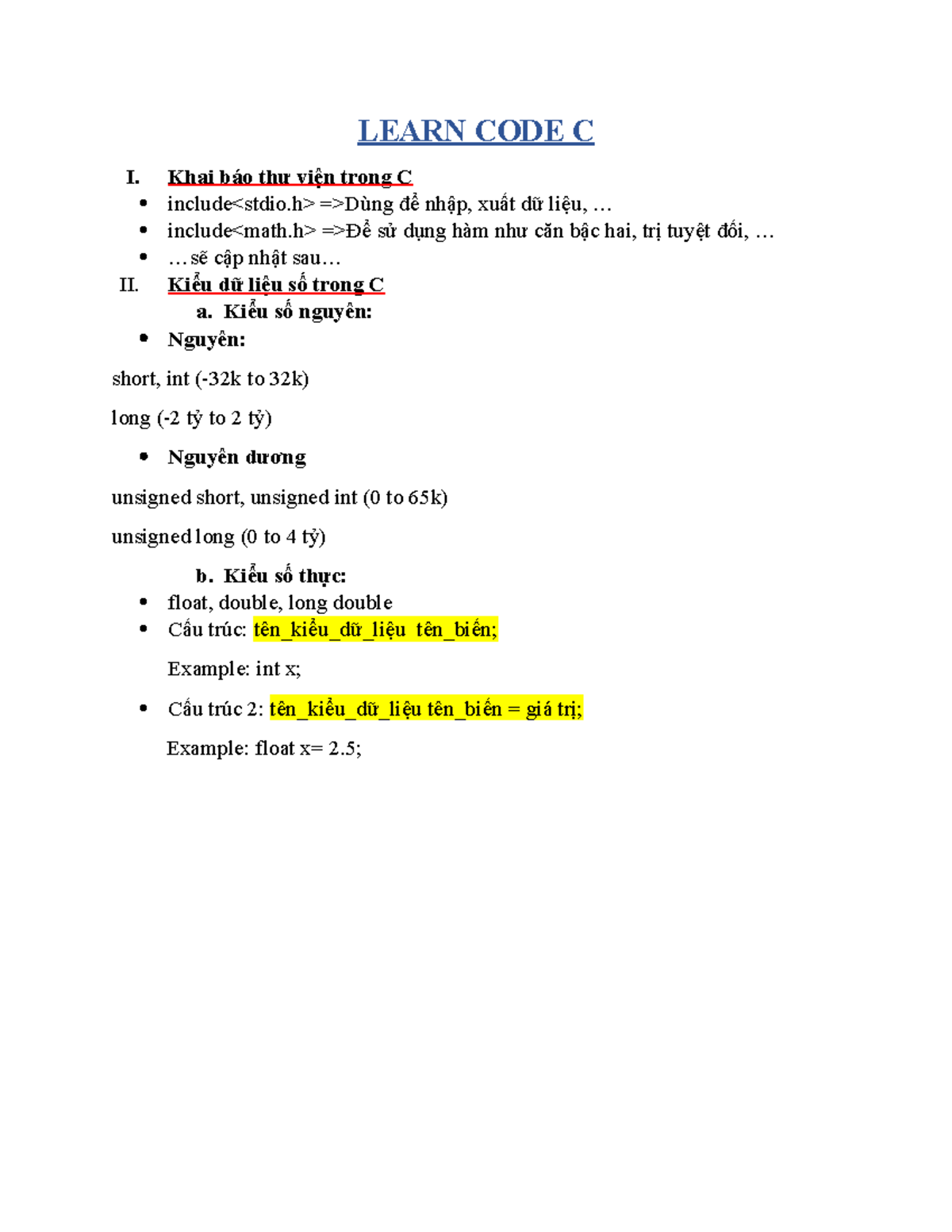 Learn CODE C - luyện tập về C - LEARN CODE C I. Khai báo thư viện trong ...