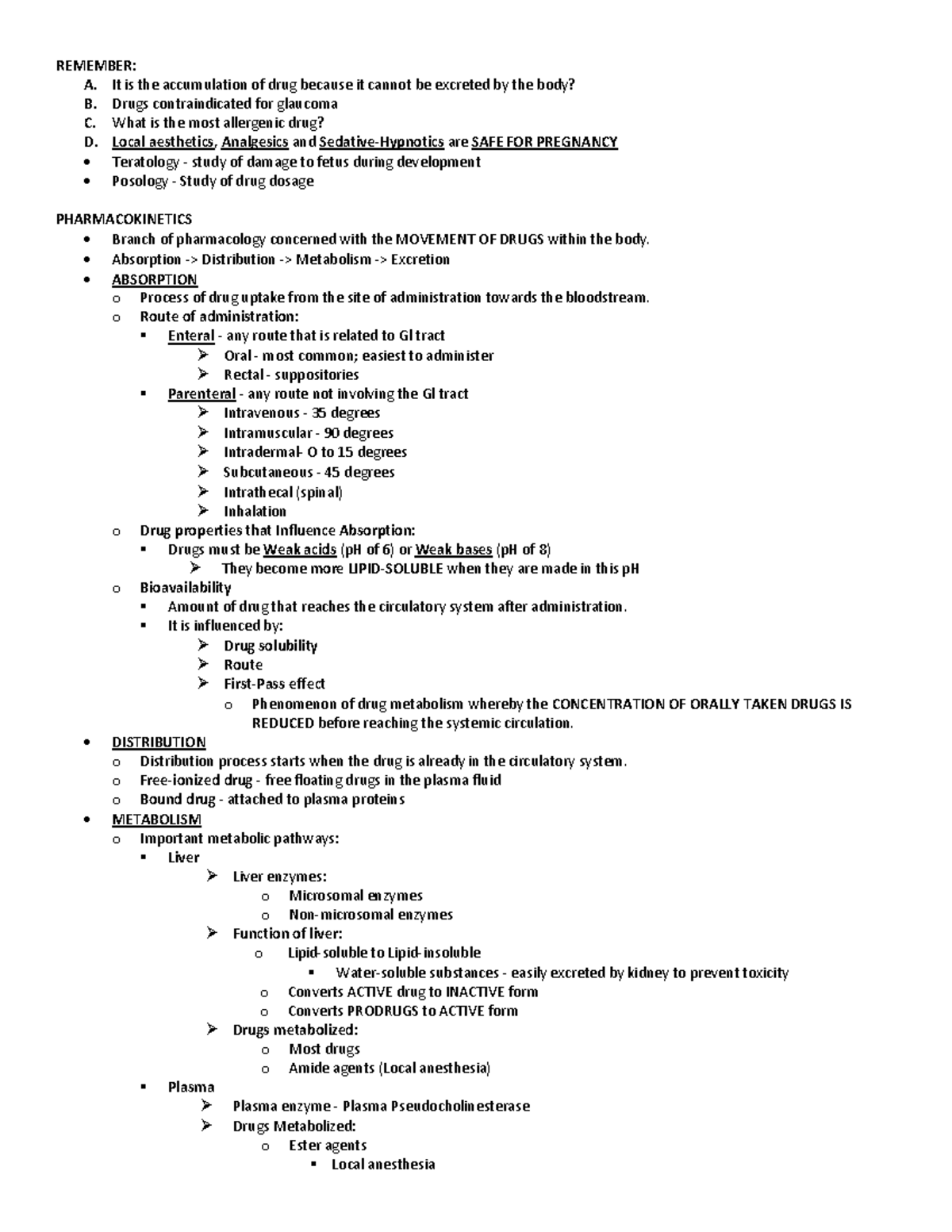 Pharmacology - Anesthesia - REMEMBER : A. It is the accumulation of ...