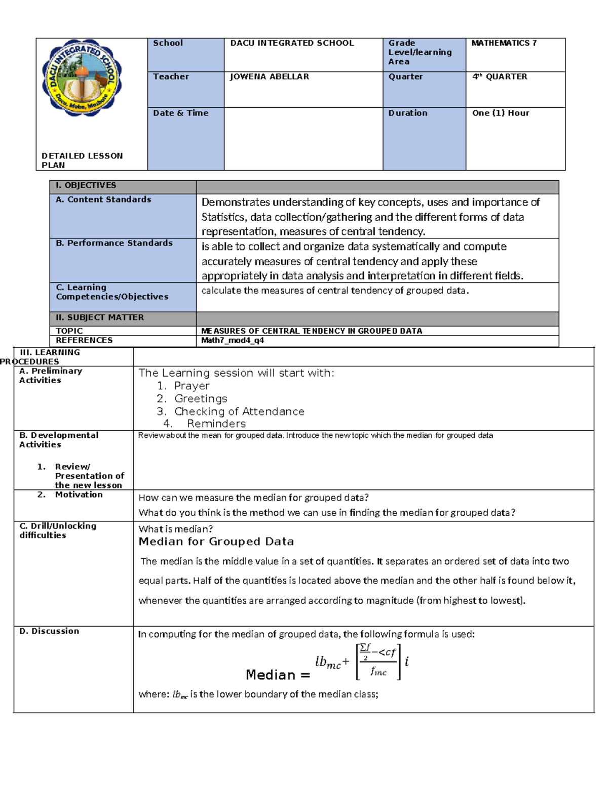 LP Grade 7- Measures OF Central Tendency Grouped DATA - DETAILED LESSON ...