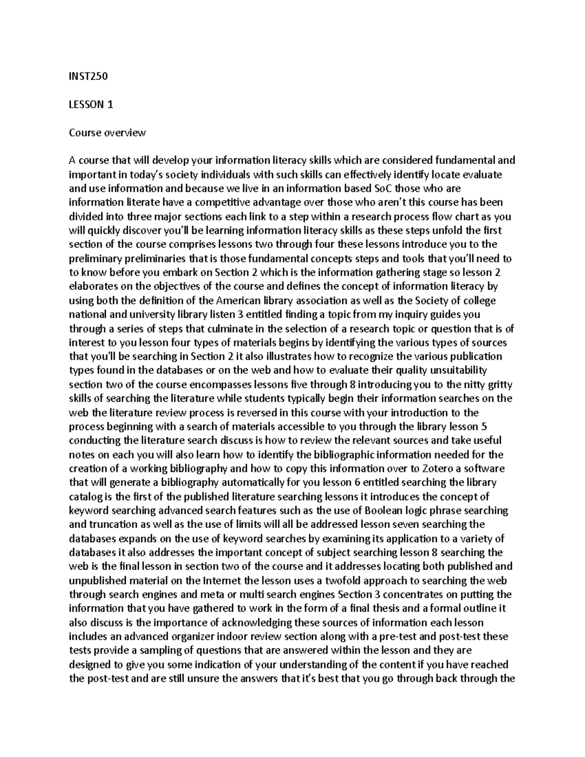 INST250- Notes Lessons 1-3 - INST LESSON 1 Course overview A course ...