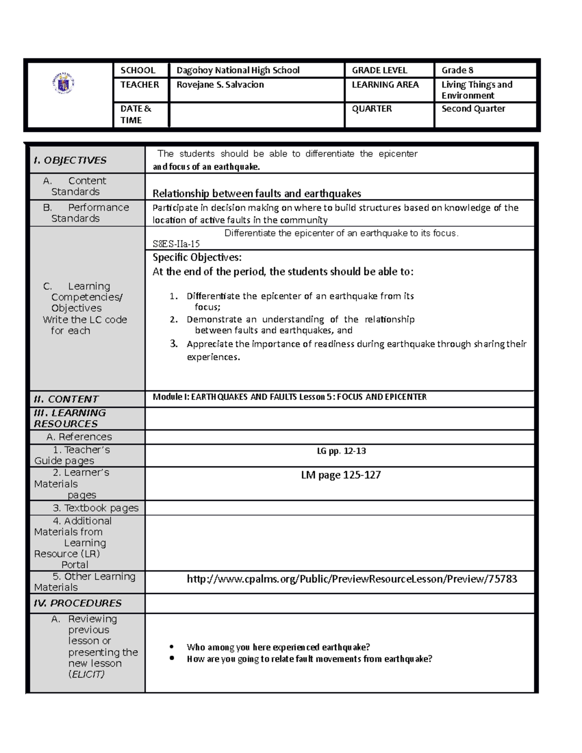 Lesson Plan Science 8 Second grading week 2 - SCHOOL Dagohoy National ...