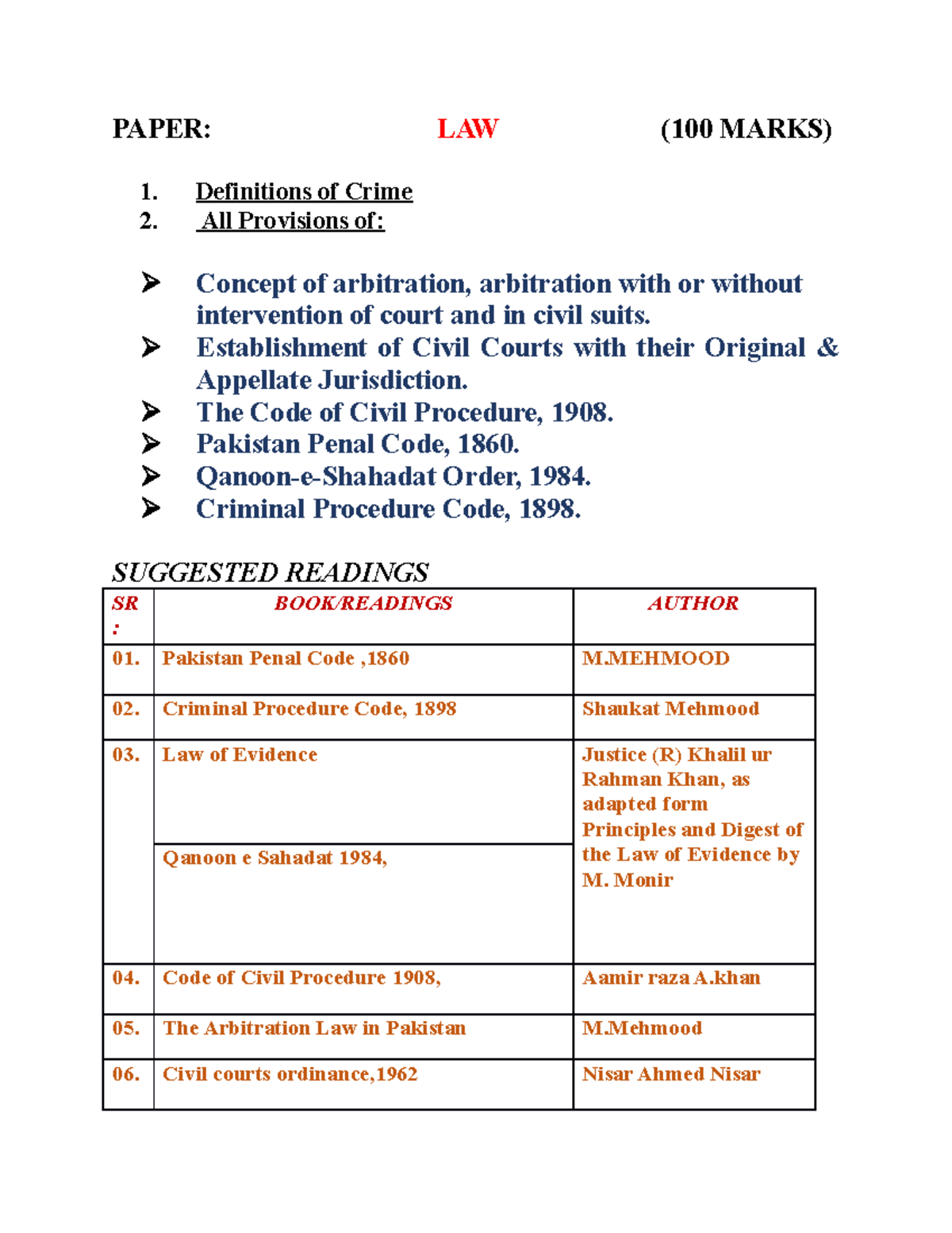 Syllabus - djd - PAPER: LAW (100 MARKS) 1. Definitions of Crime 2. All ...