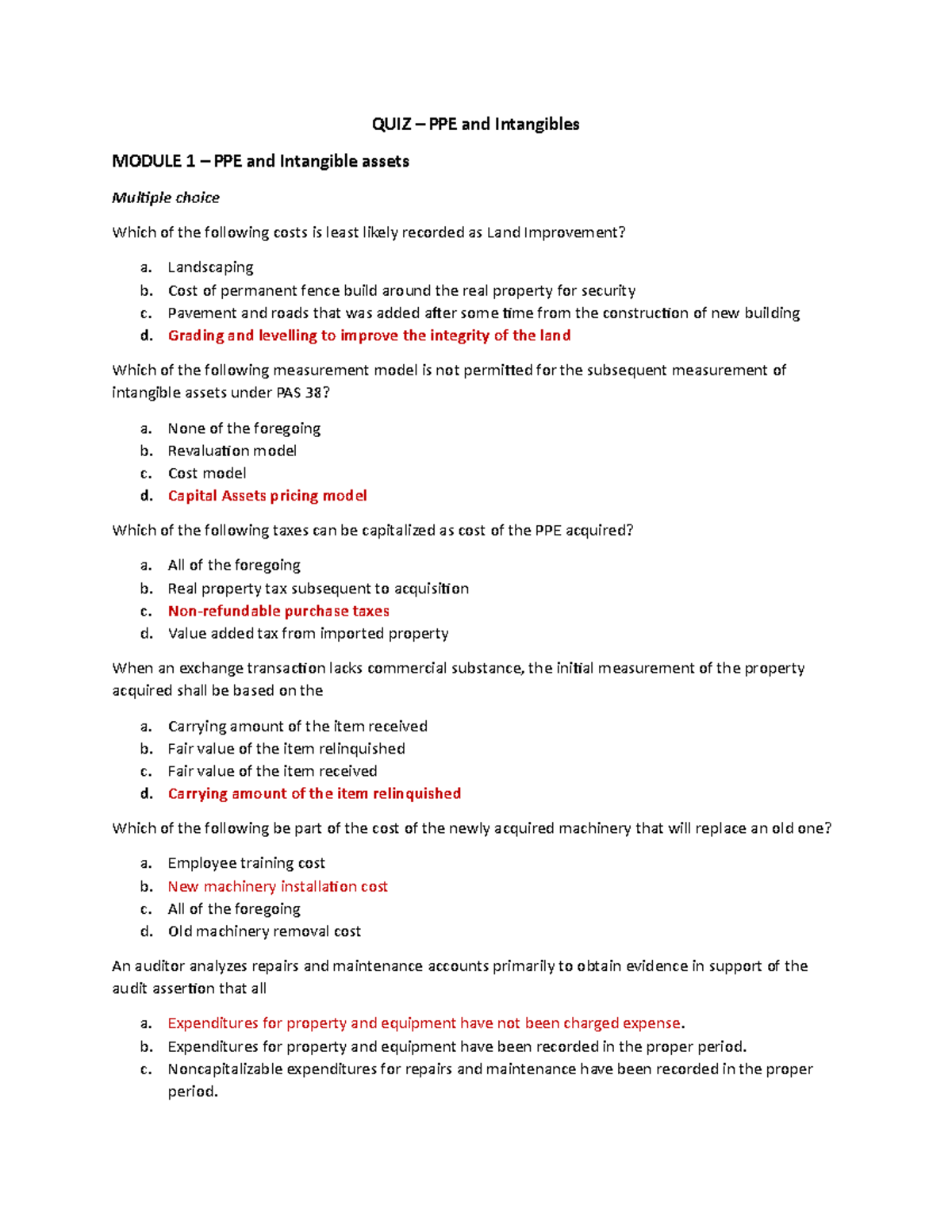 TheoriesQuiz Short QUIZ PPE and Intangibles MODULE 1 PPE and