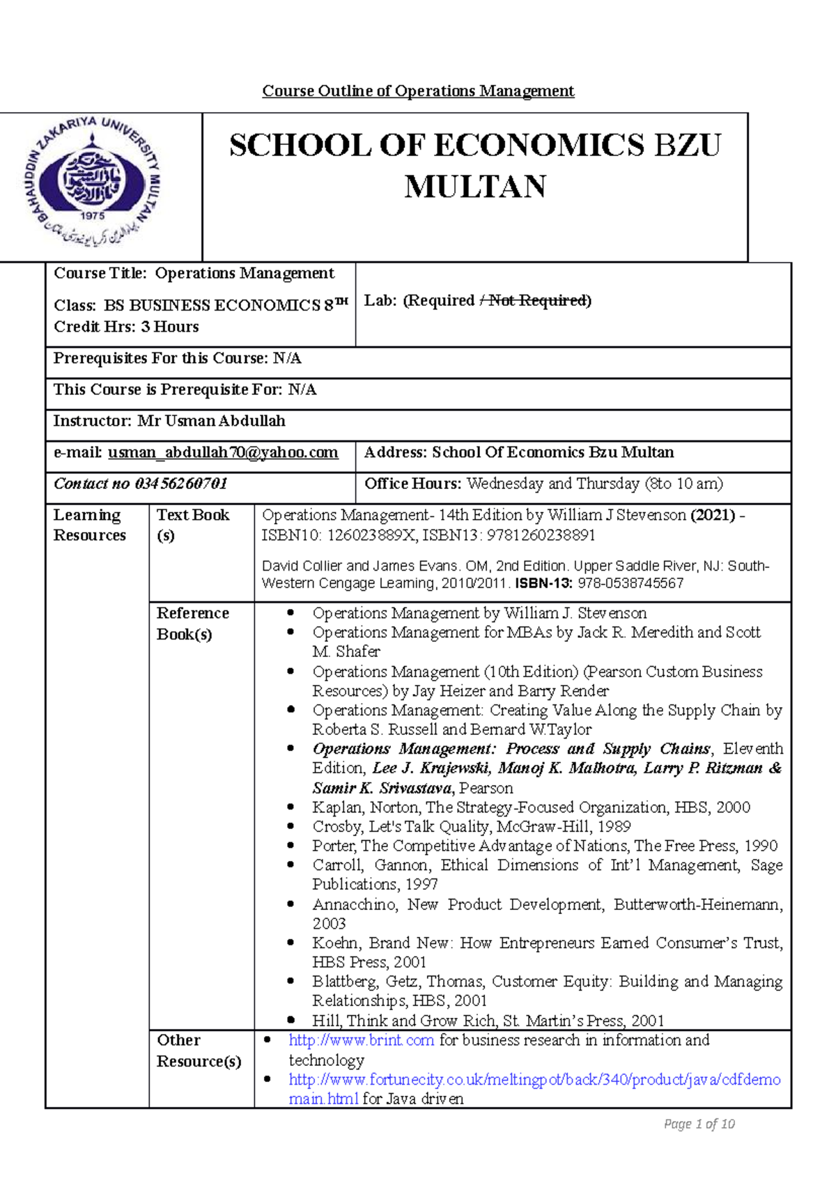 Operations management course outline bsbussinesseconomics course