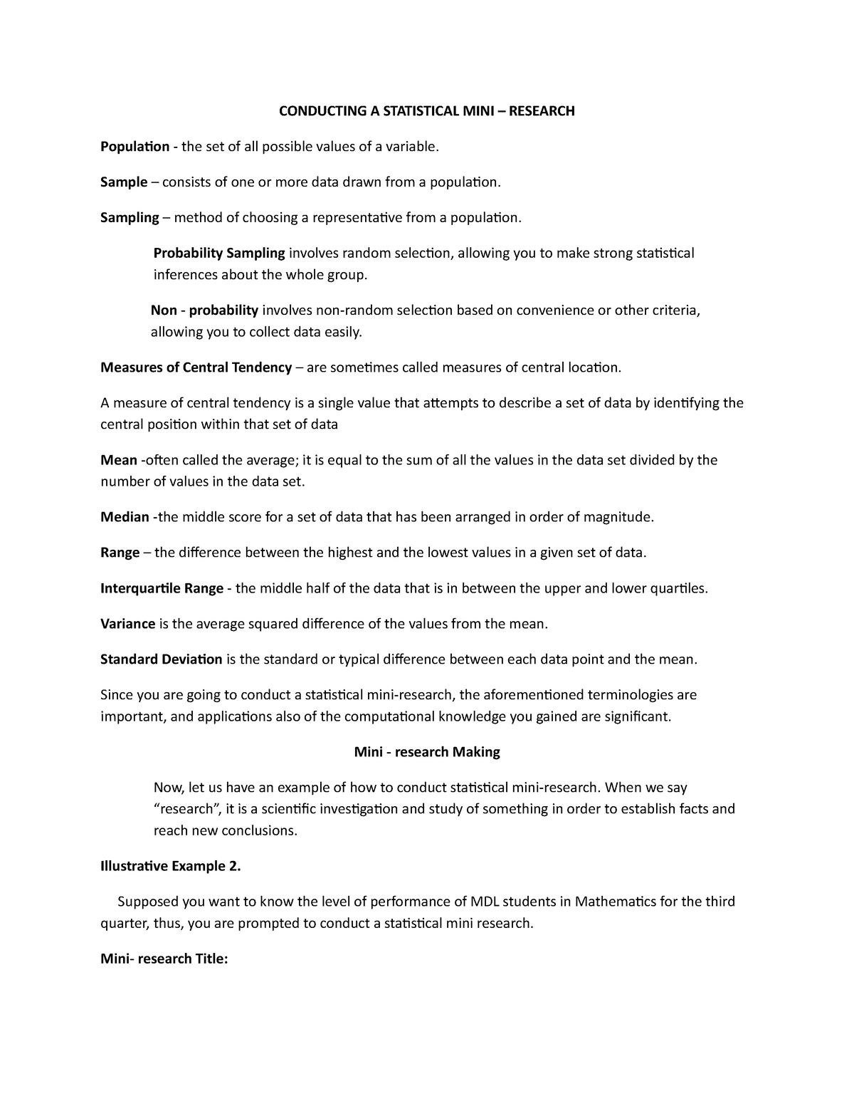 example of statistical mini research paper