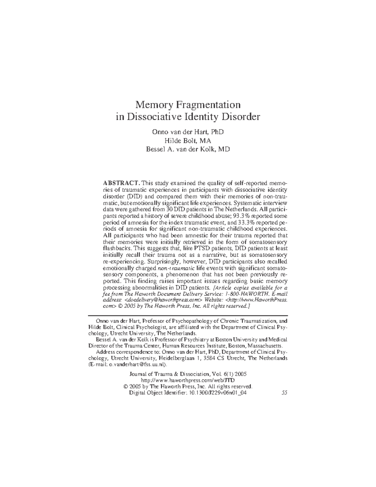 Memory Fragmentation in Dissociative Identity Disorder - van der Kolk ...